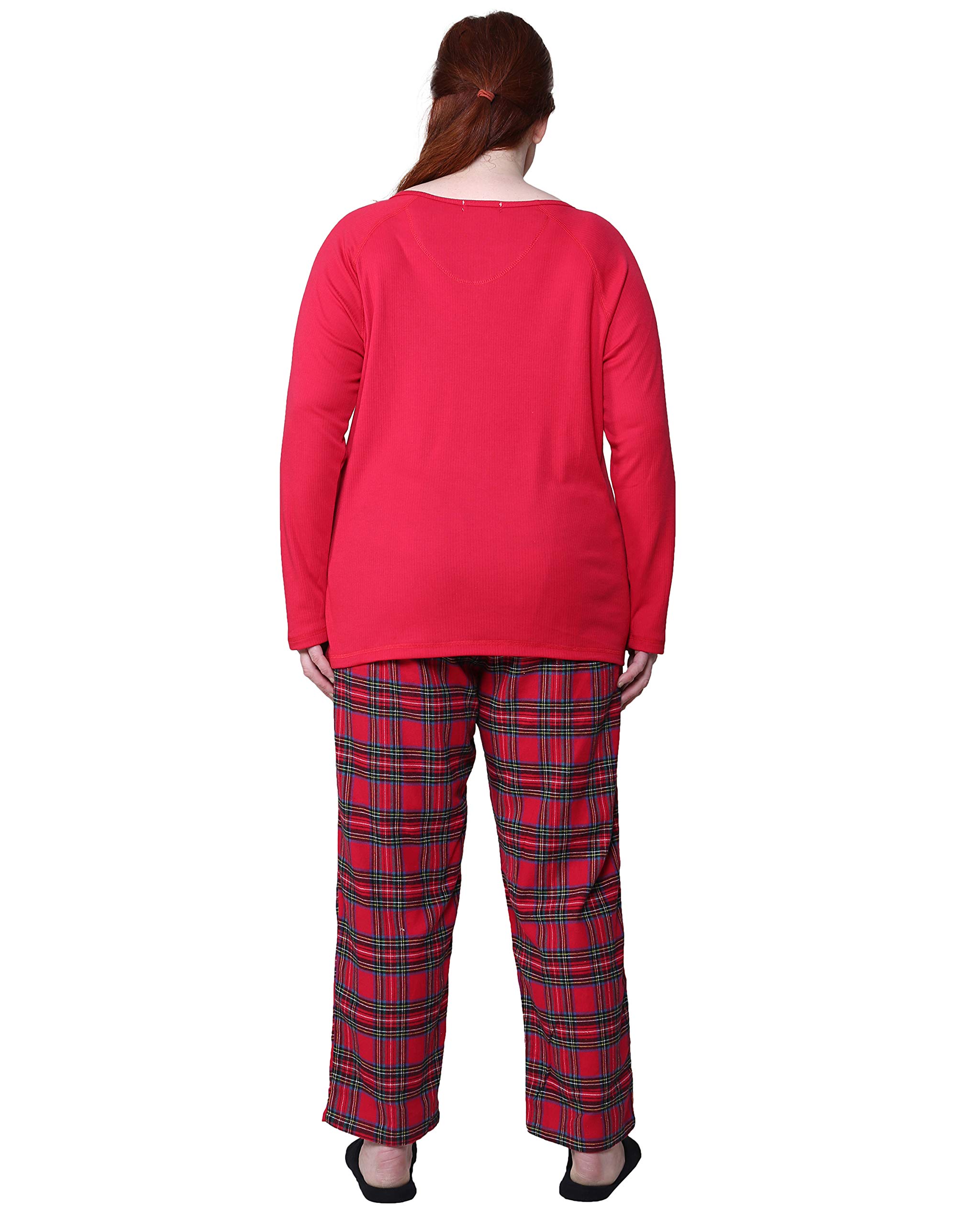 LA CERA Women's Cotton Knit & Flannel Pajama Set - Plus Size Long Sleeve Sleepwear with Solid Knit Top & Plaid Pants | Machine Washable | Cozy Lounge & Sleepwear for Winter Nights