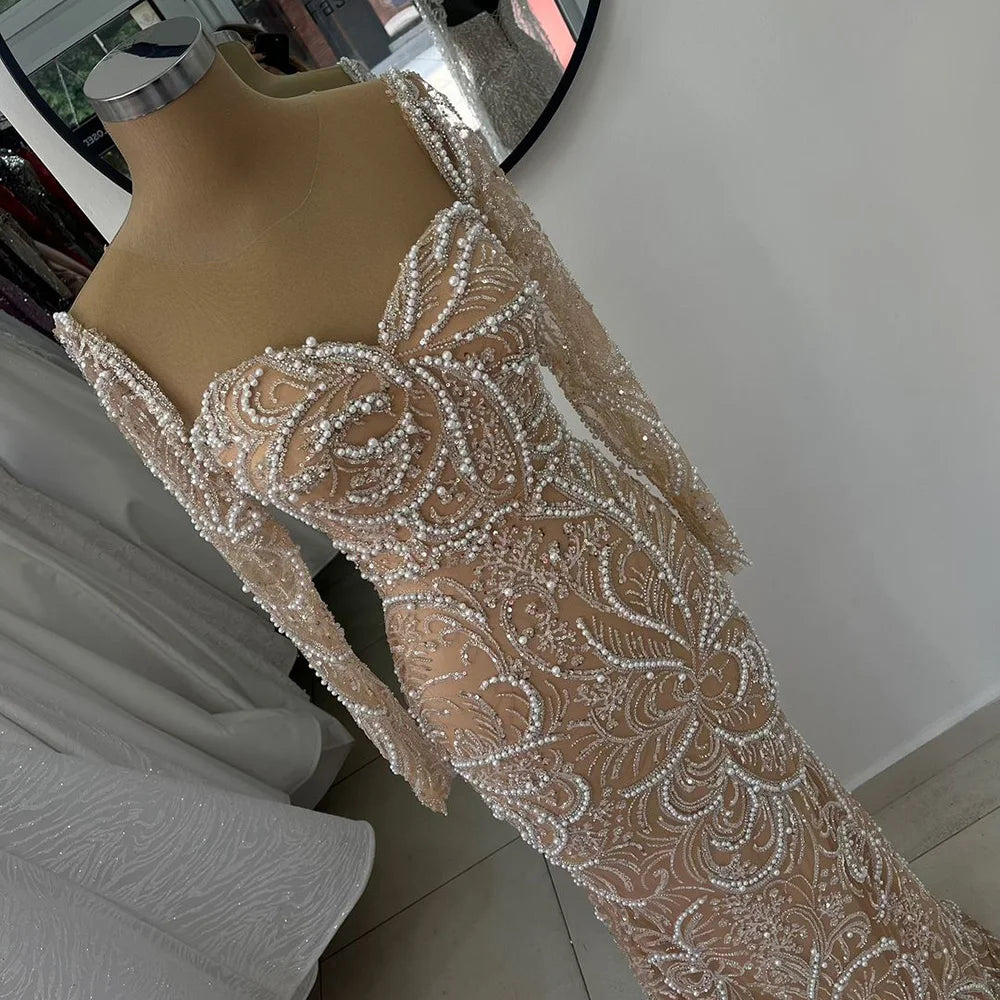Luxury Dubai Nude Mermaid Evening Gown with Pearls Beading - Arabic Formal Dress LA72648 for Weddings, Galas & Special Occasions