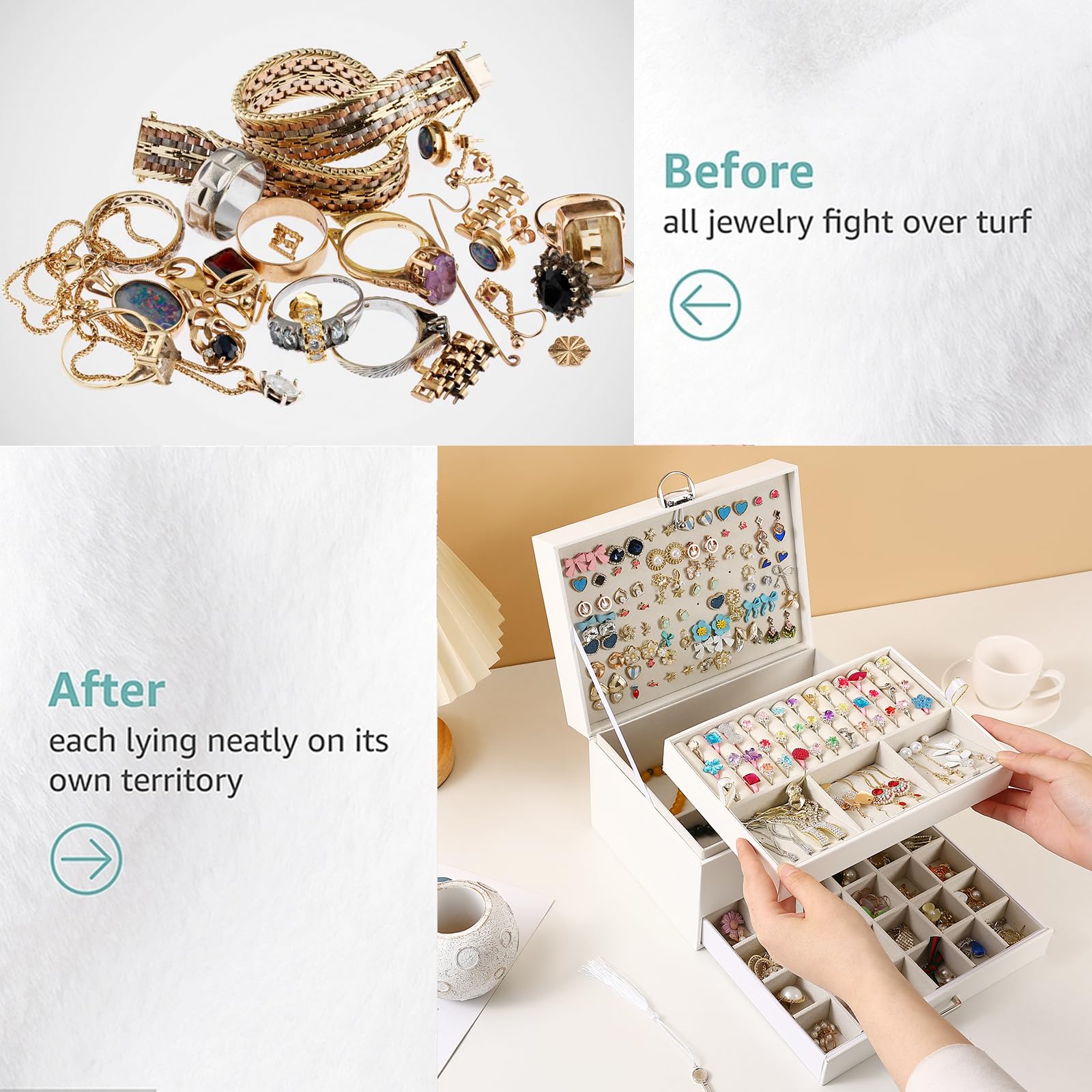 BOOVO 5-Layer Jewelry Organizer Box with Lock - Earring Holder, Necklace & Ring Storage for Women & Girls - Perfect for Travel, Home & Gift (White)