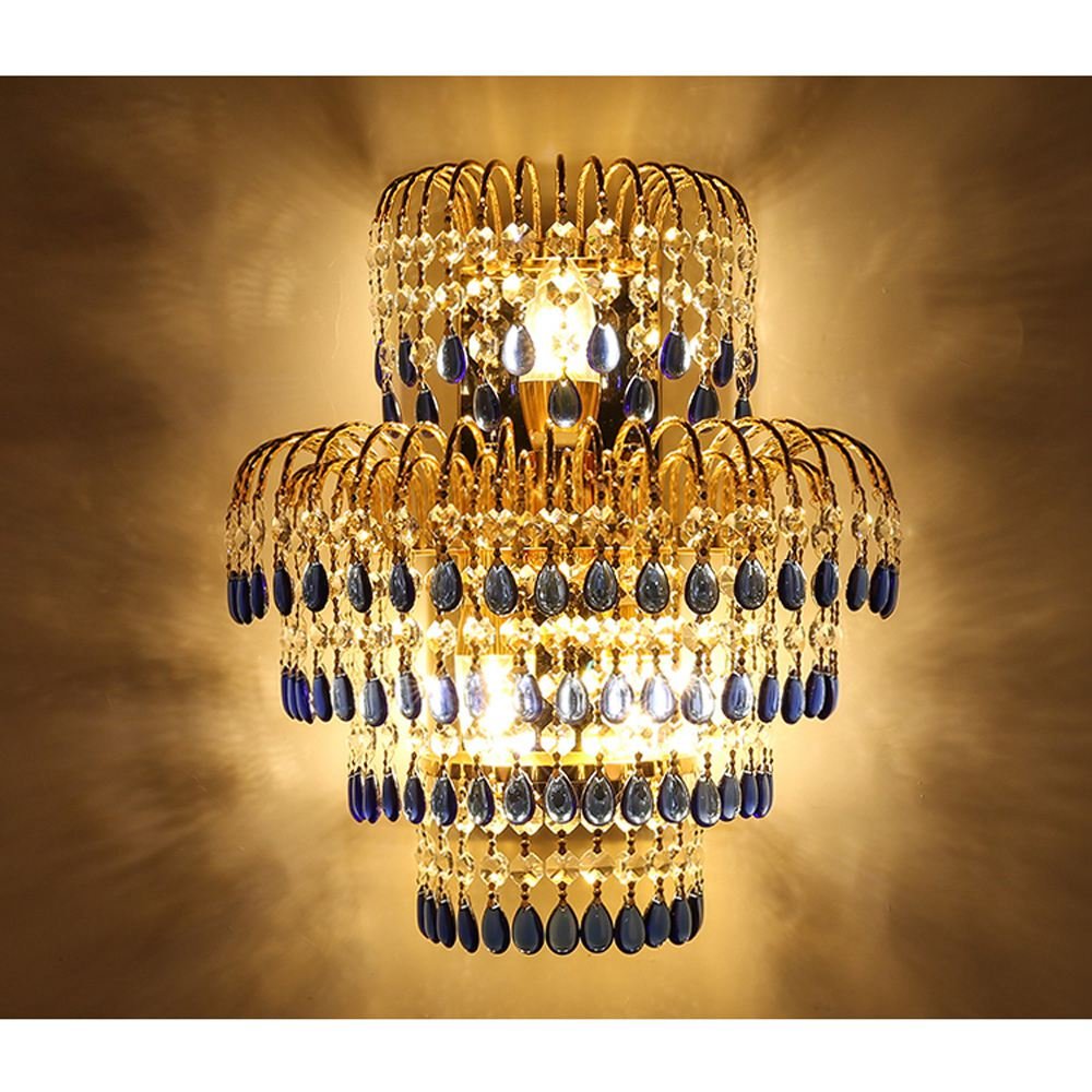 Elegant Blue Crystal Gold Leaf Wall Sconce - European Style Bedside & Living Room Wall Lighting Fixture for Palace-Inspired Home Decor | Perfect for Bedroom, Hallway & Luxury Interior Design
