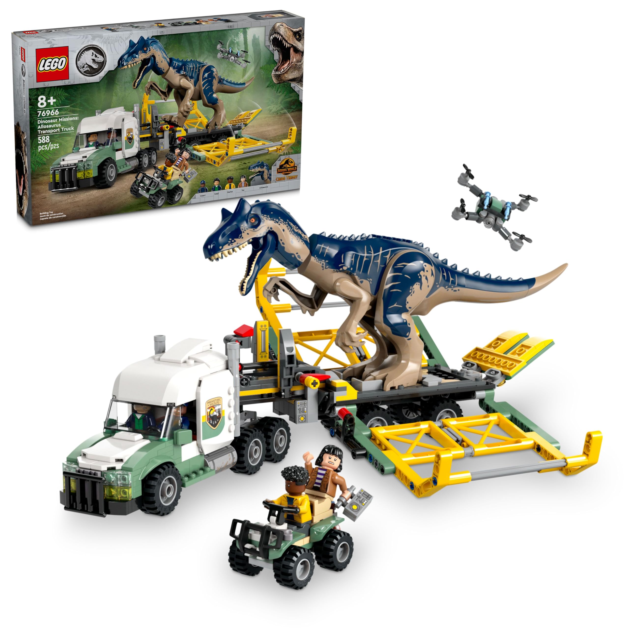 LEGO Jurassic World Allosaurus Transport Truck Toy Set with Kenji, Darius & Yaz Minifigures - Dinosaur Building Kit for Kids Ages 8+ (76966) | Creative Play, Birthday Gift & Collectible for Boys & Girls | Perfect for Jurassic World Fans & Dinosaur Lovers