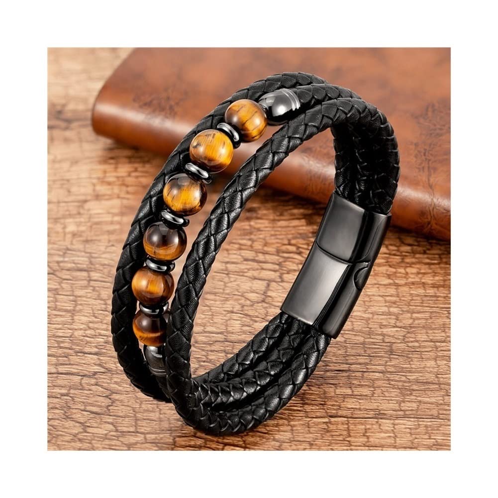Multilayer Leather Beaded Bracelet for Men & Women - 8mm Beads, Adjustable 23cm Length, Green Metal Accents | Perfect for Casual Wear, Gifts & Boho Fashion