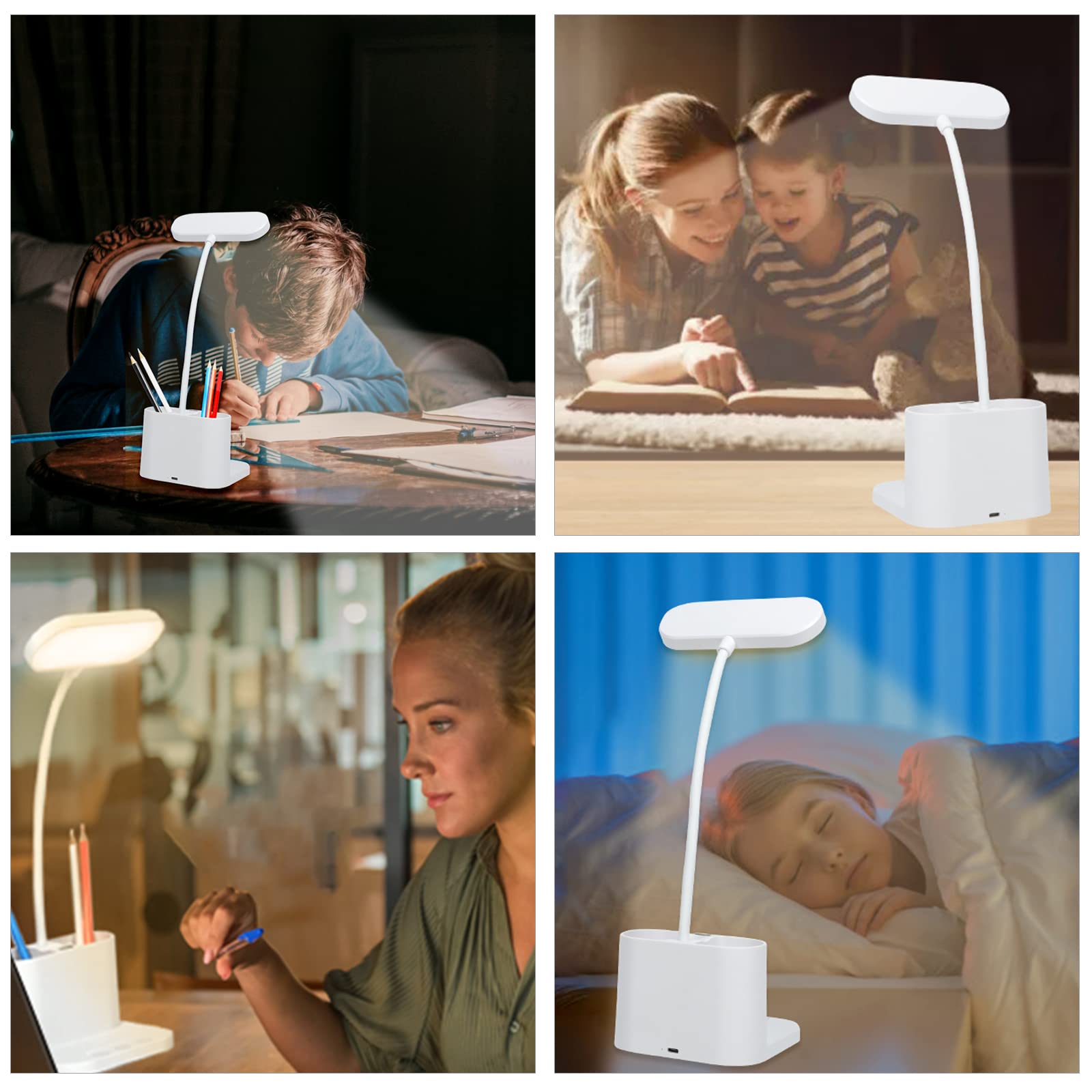 Owwasd Eye-Caring Desk Lamp with 3 Light Modes & Stepless Dimming, Flexible Gooseneck, USB Charging Port, Pen & Phone Holder - Touch Control Table Lamp for Study, Office, Reading, Home & Dorm Room Lighting