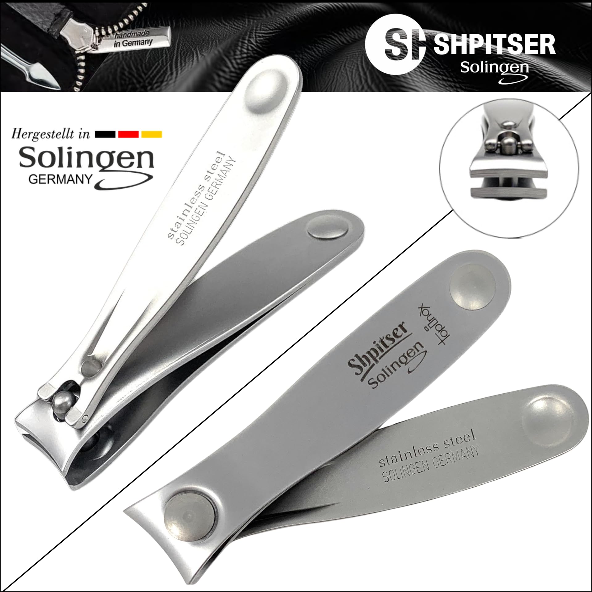 Premium Shpitser Nail Kit - Professional 5-Piece Manicure & Pedicure Set with Stainless Steel Scissors, Clippers, Tweezers, Nail Cleaner & File | German Crafted Solingen Steel | Luxury Black Italian Leather Case | Perfect for Home Spa, Travel & Gift Giving