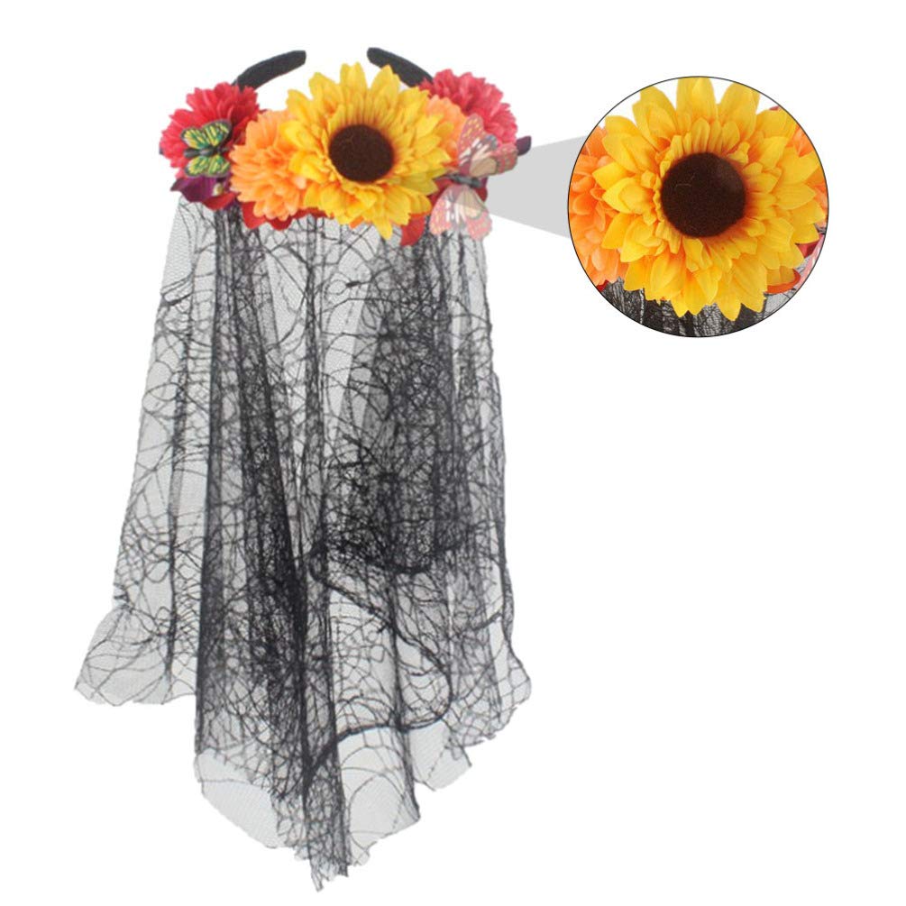 Uonlytech Black Floral Veil Headband for Women - Elegant Halloween Flower Crown with Rose & Chrysanthemum Design - Perfect for Halloween Parties, Costume Accessories, Bridal Shower, and Cosplay Events