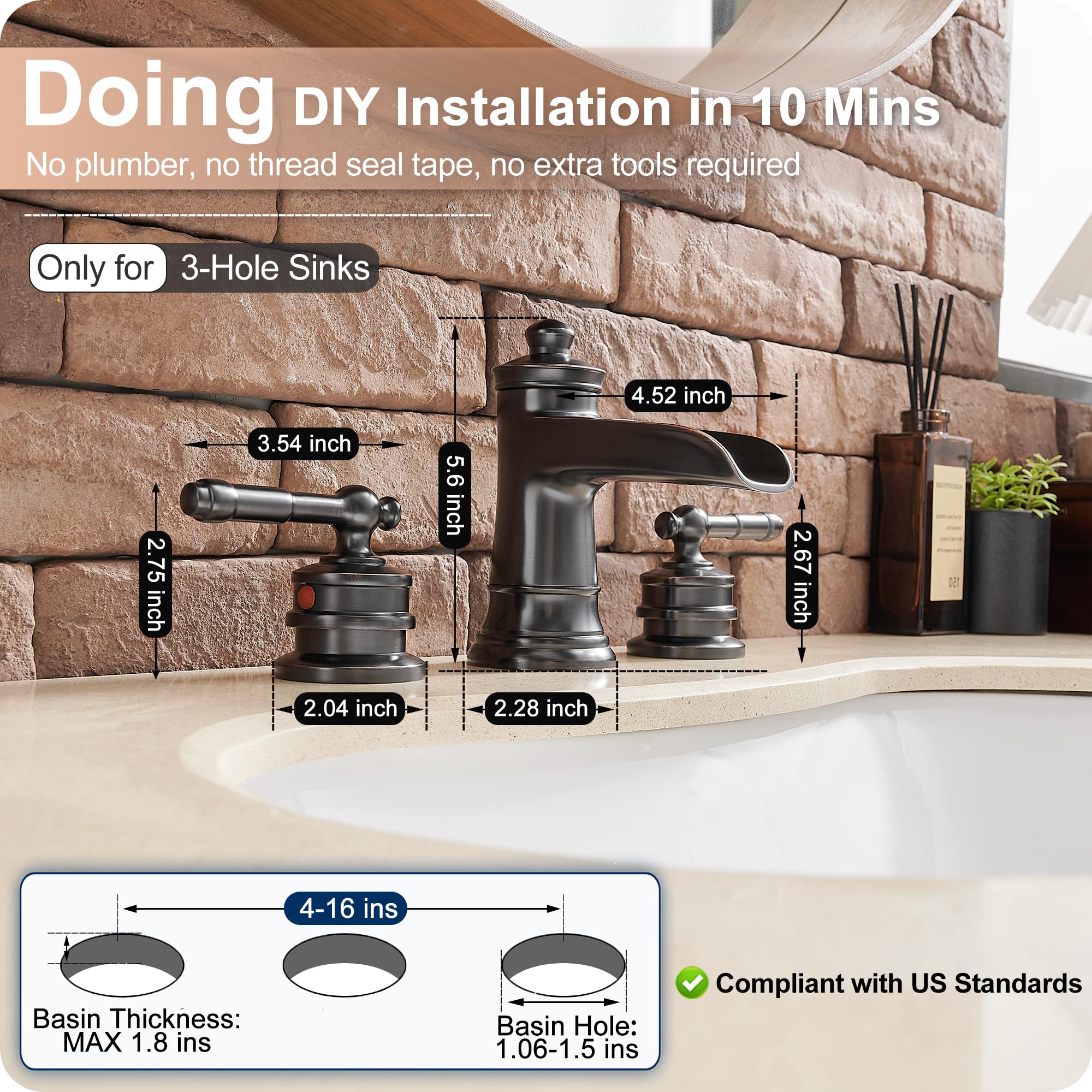 Oil Rubbed Bronze Waterfall Bathroom Faucet - 3 Hole Widespread Sink Faucet with Pop Up Drain for Farmhouse & Hotel Style
