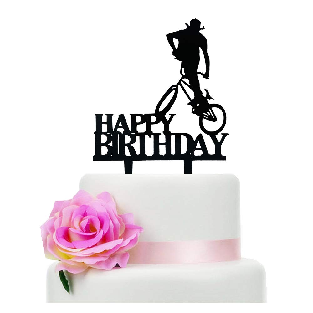 Black Cycling Happy Birthday Cake Topper - Acrylic Bicycle Themed Party Cake Decoration for Sports Lovers | Perfect for Cycling Enthusiast Birthday Cakes, Bike Race Celebrations & Outdoor Adventure Parties