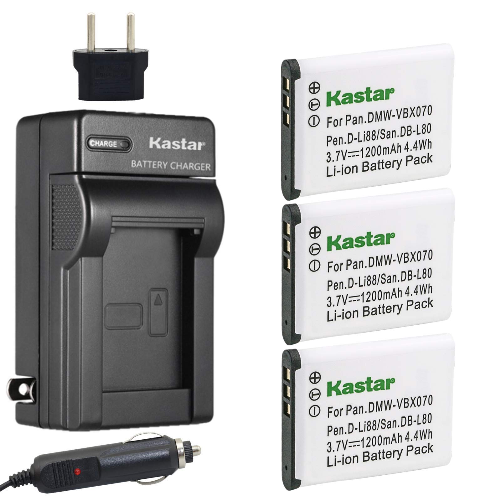 Kastar 3-Pack VW-VBX070 Replacement Battery & Charger Kit for Pentax D-Li88, Panasonic VW-VBX070, Sanyo DB-L80/DL80AU - Compatible with Digital Cameras (Perfect for Travel Photography & Professional Shooting)