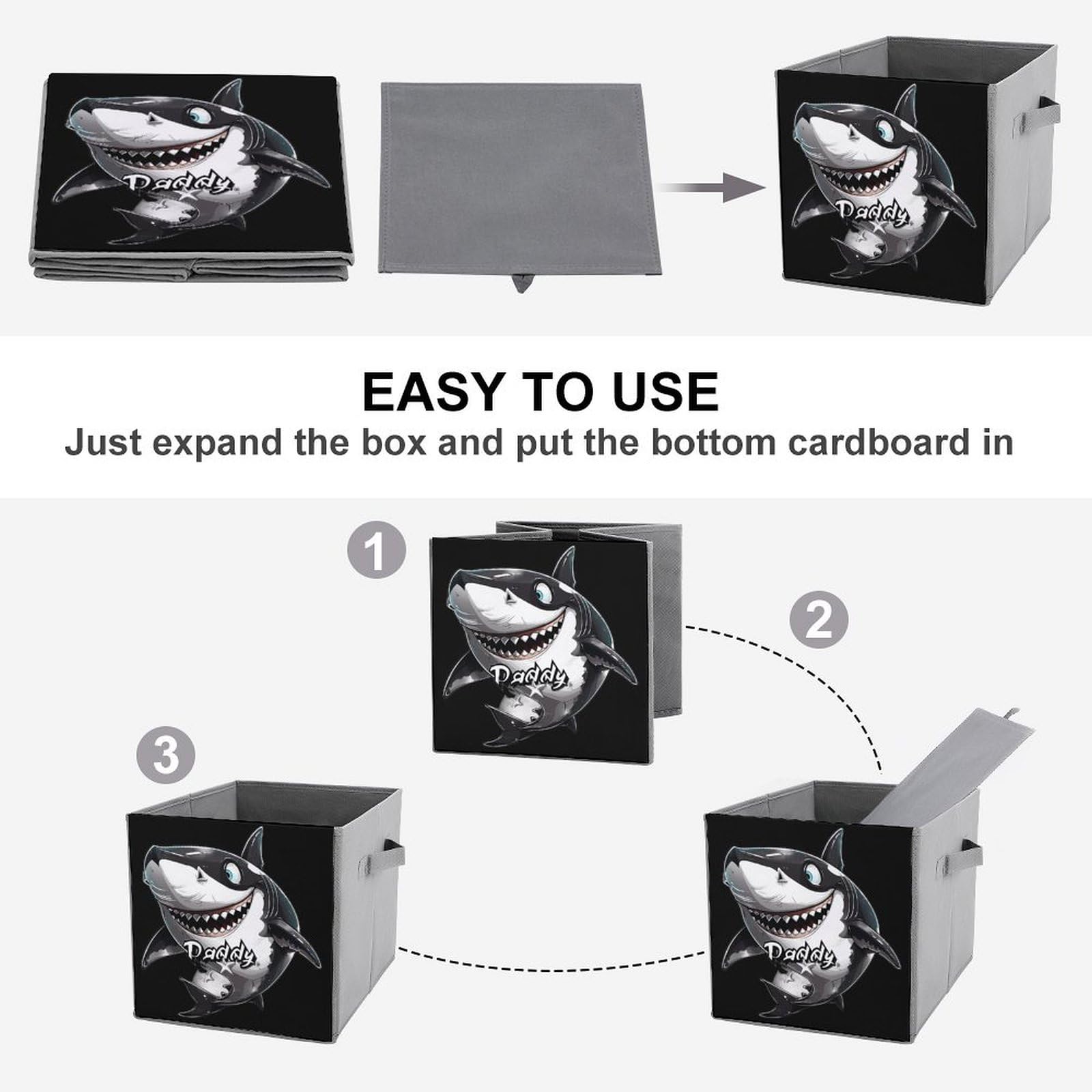 Daddy Shark Folding Storage Bins with Handles - for Kids Room & Toy Organization