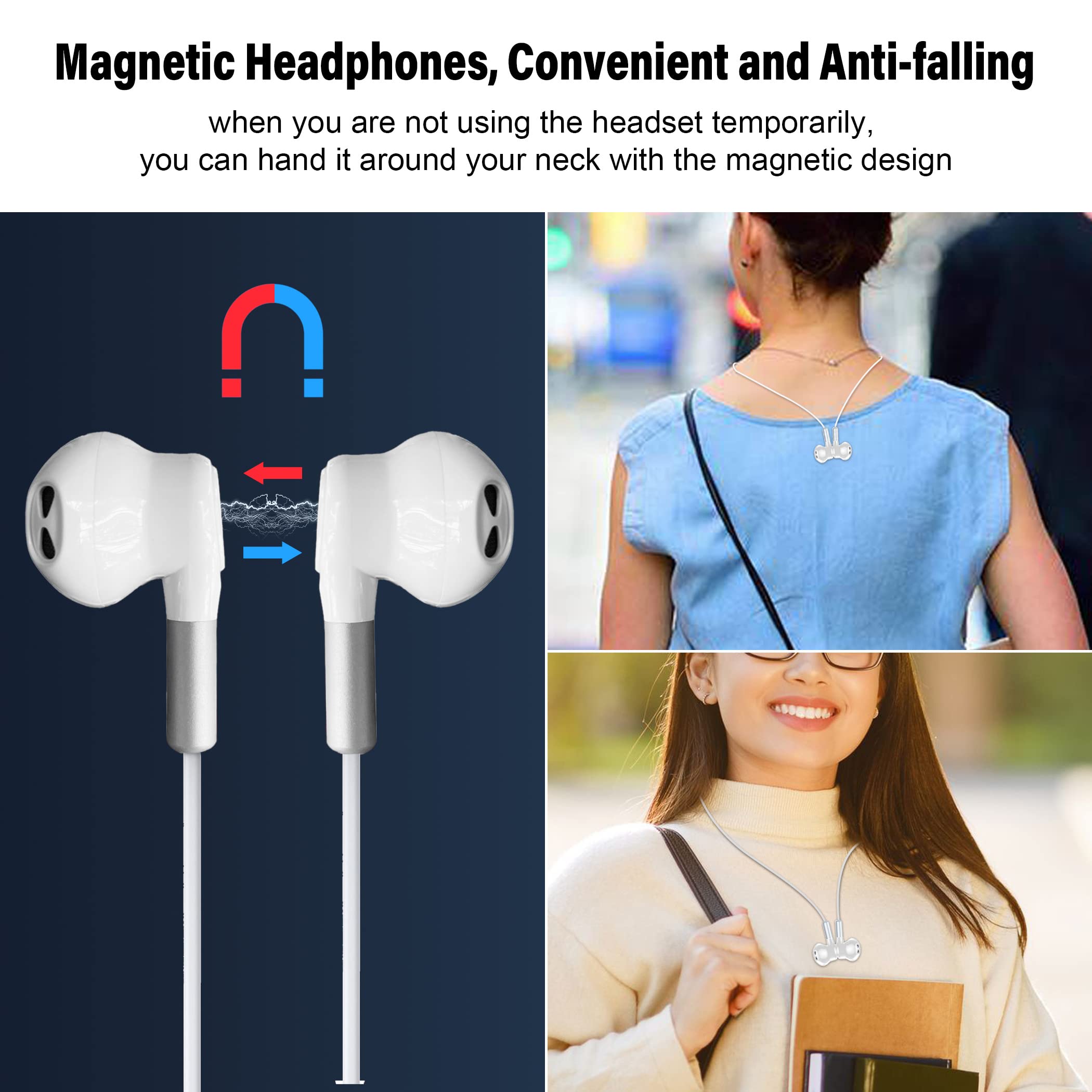 Hmusic USB C Headphones with Mic - Wired Type C Earphones, Magnetic In-Ear Earbuds with Volume Control - Compatible with Samsung Galaxy, Google Pixel, Xiaomi Android Phones (White) - Perfect for Commuting, Workouts & Gaming