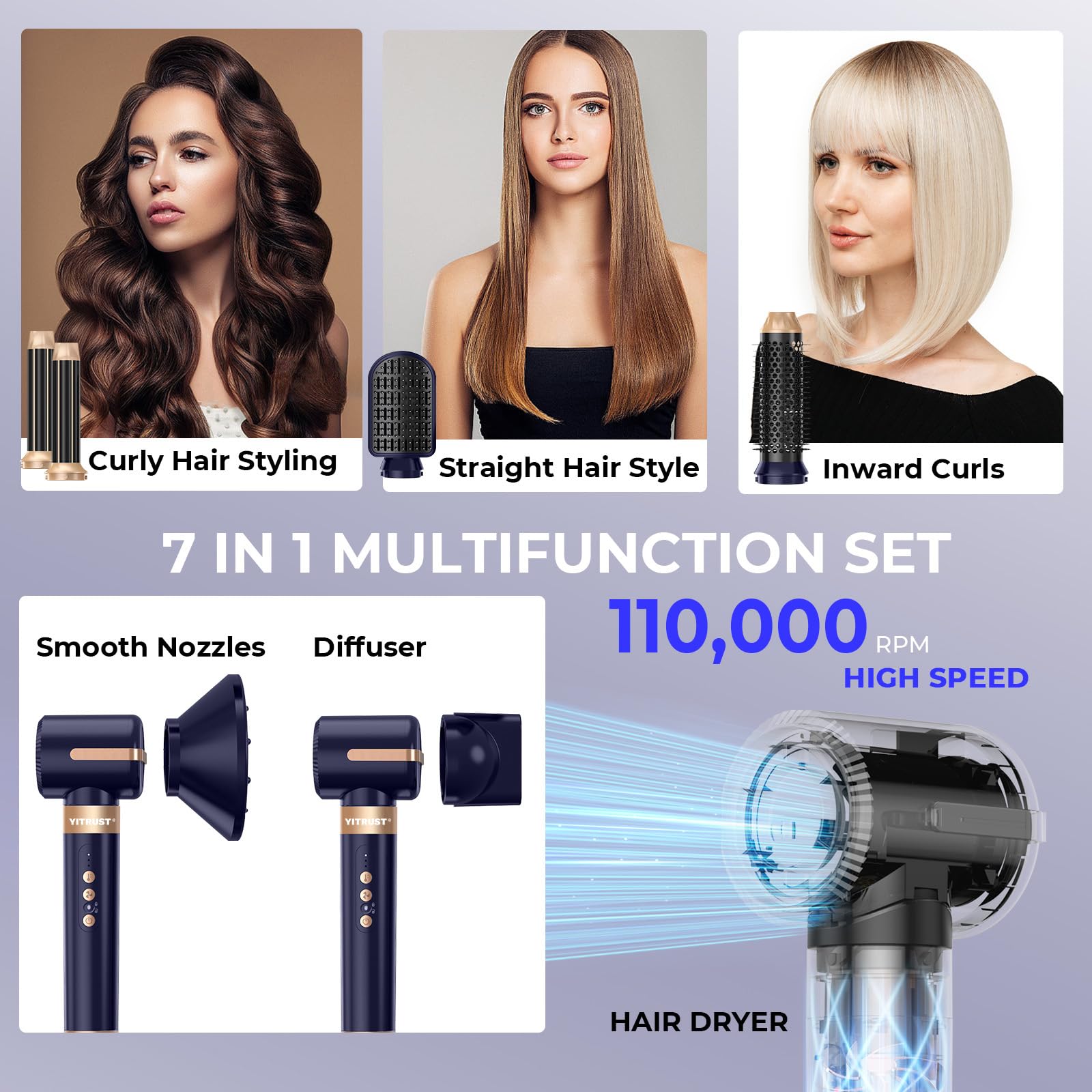 Yitrust Professional Ionic Hair Dryer Brush - 11000 RPM Hot Air Styler with Auto-Rotating Curling Brush | 7-in-1 Multifunctional Hair Tool for Blow Drying, Styling & Creating Curls | Perfect for Home Use, Salon Styling & Travel Hair Care