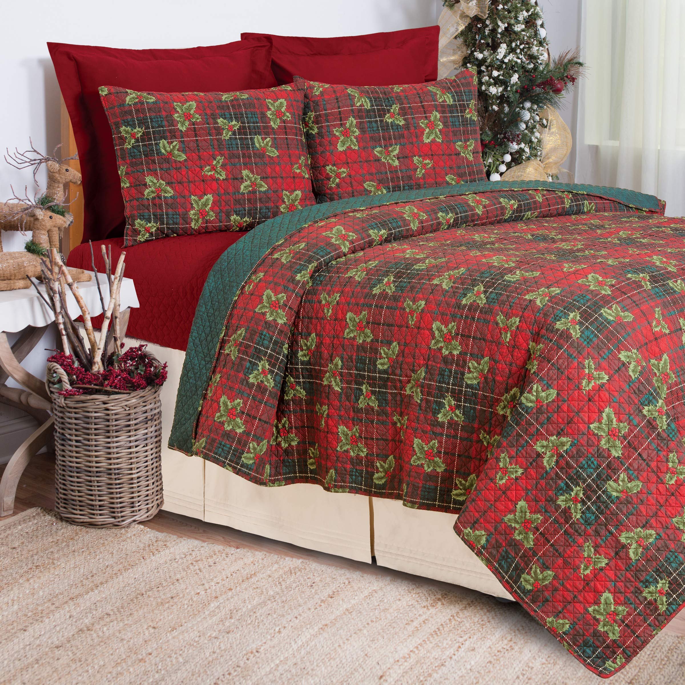 Reversible King Quilt Set - Red & Green Plaid, Machine Washable | Christmas Bedding for Holidays