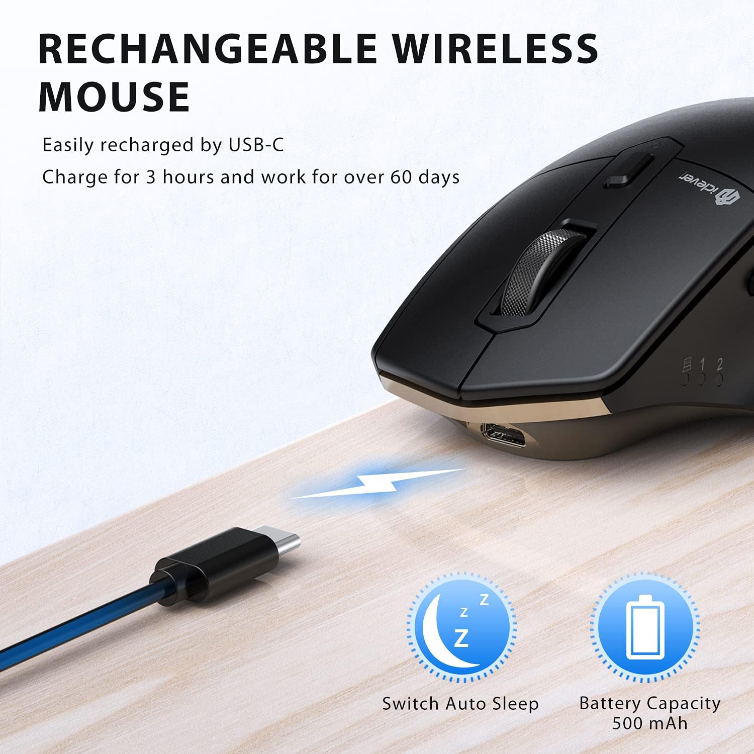 iClever Wireless Mouse - Bluetooth & USB Receiver, 2400DPI Adjustable, Rechargeable, Ergonomic Design for Laptop, iPad, MacBook, Tablet, PC - Perfect for Office Work, Home Use & Travel
