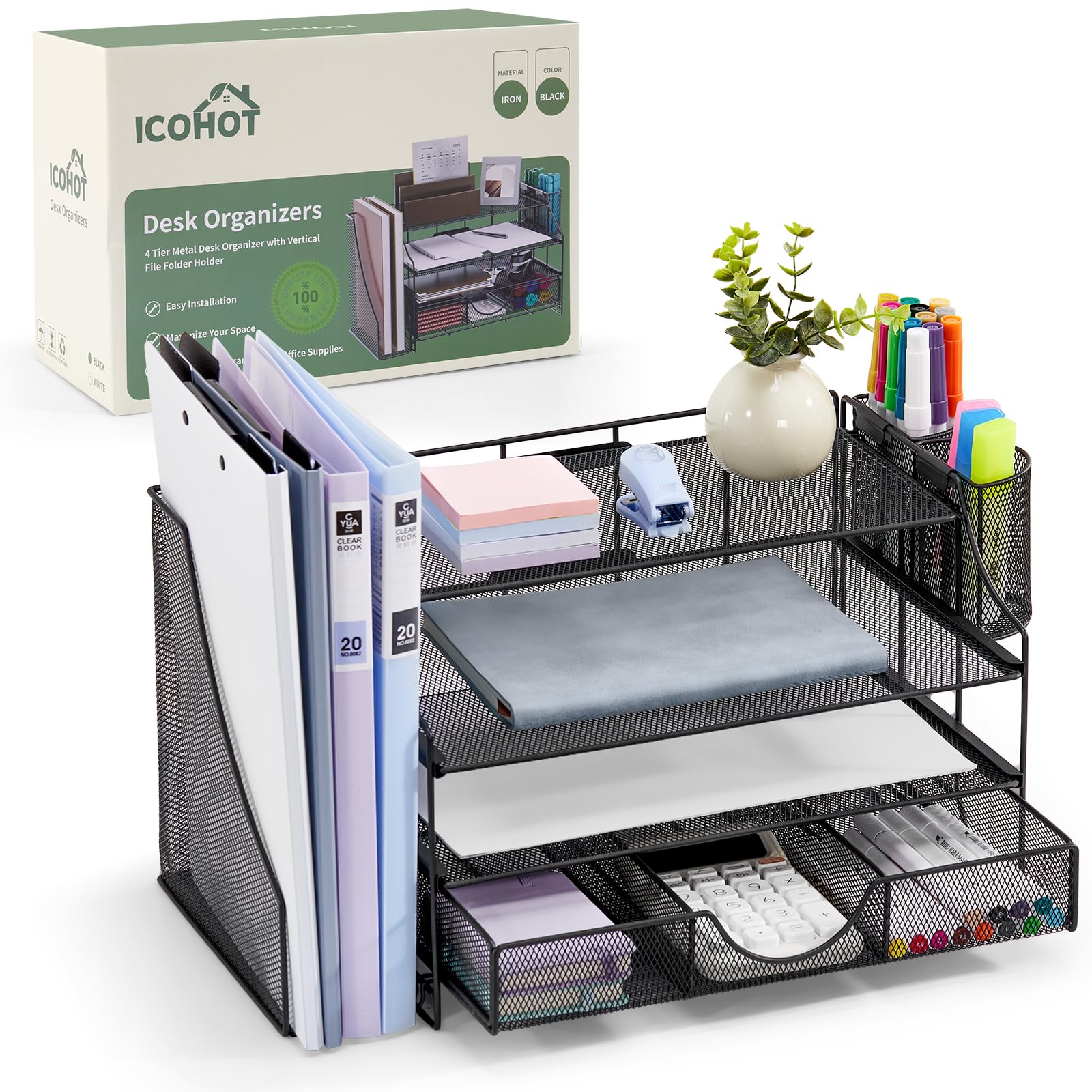 4-Tier Mesh Desk Organizer with Drawer & Vertical File Holder - Office Supplies Storage for Paper, Letters, Documents | Perfect Workspace Accessory for Home & Office Organization