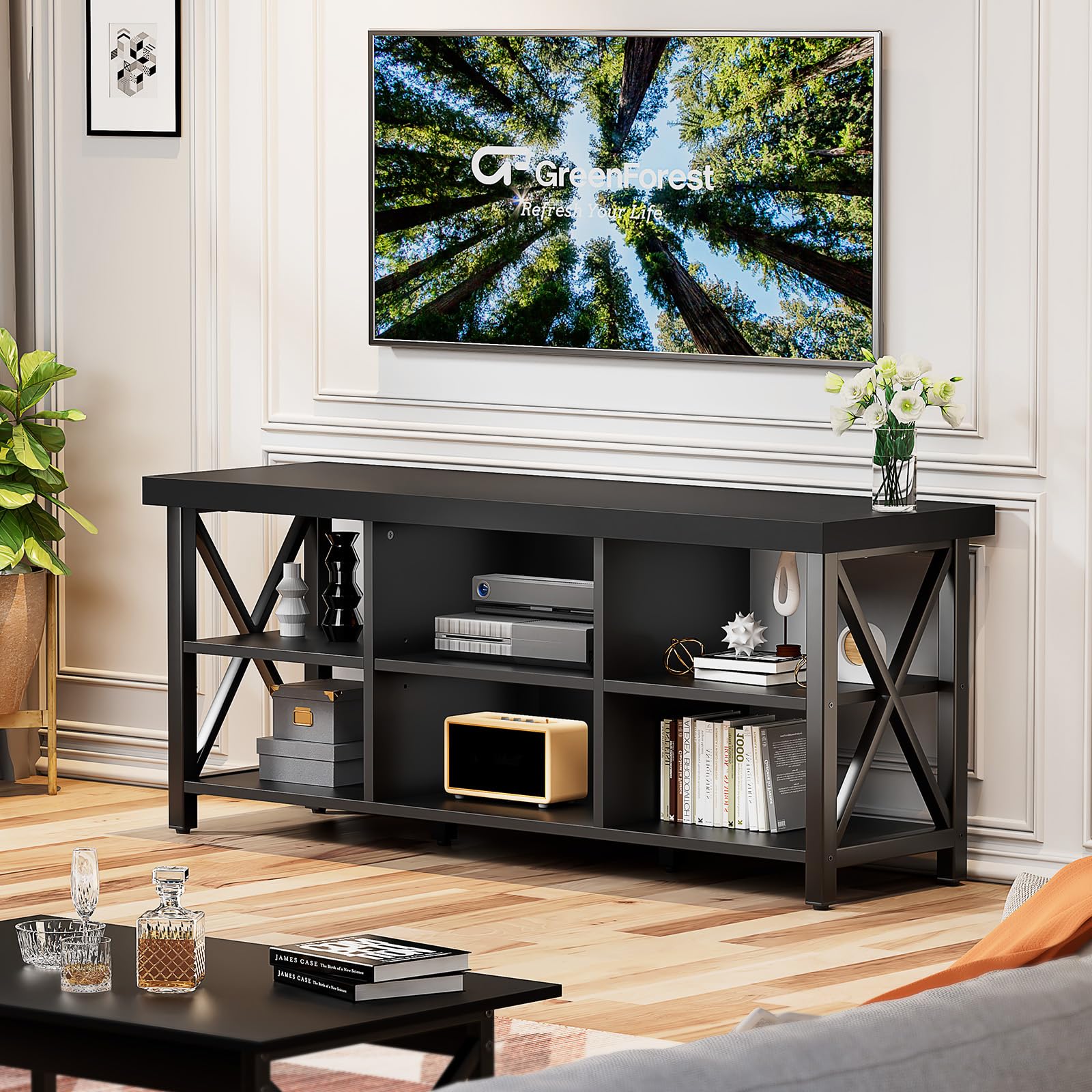 GreenForest 65 Inch TV Stand with 6 Storage Cabinets - Industrial Farmhouse Entertainment Center for Living Room, Black | Perfect for Home Theater & Living Room Organization