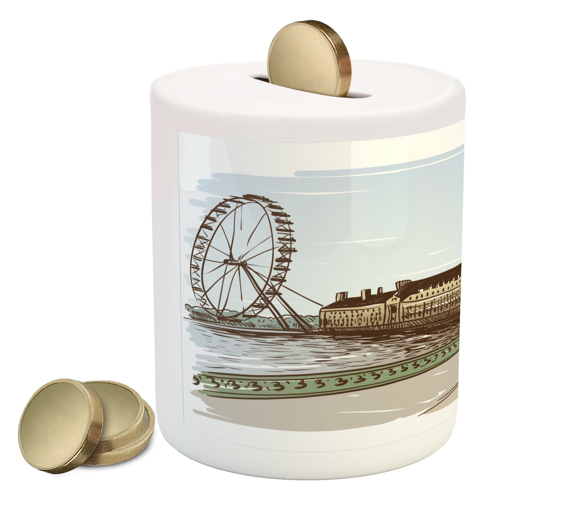 Ambesonne London Ceramic Piggy Bank - Buckingham Palace & Thames River Ferris Wheel Pencil Art Design | Money Saving Coin Bank for Kids & Adults | Perfect for Home Decor, Gift Giving & Financial Education