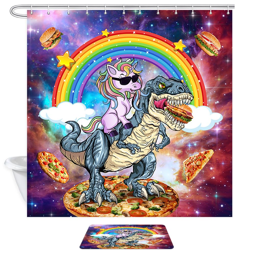 Adorable Kids Shower Curtain Set with Non-Slip Bath Mat - Fun Unicorn Riding Dinosaur Design for Children's Bathroom Decor | Perfect for Kids' Bathrooms, Nursery, and Playful Bath Time Adventures