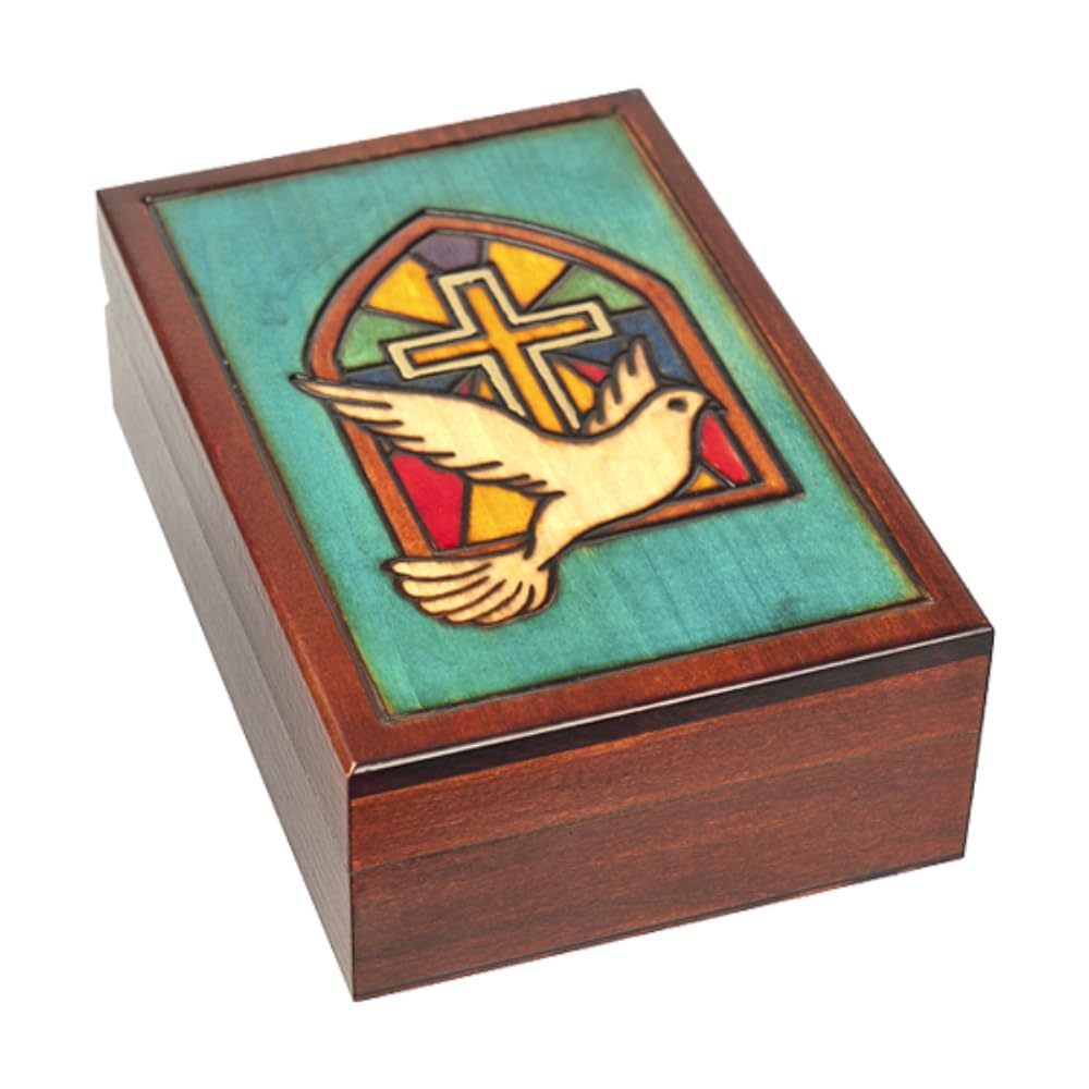 Handmade Stained Glass Church Window Cross with Dove - Polish Keepsake Jewelry Box for Home Decor, Wedding Gift & Religious Collectibles