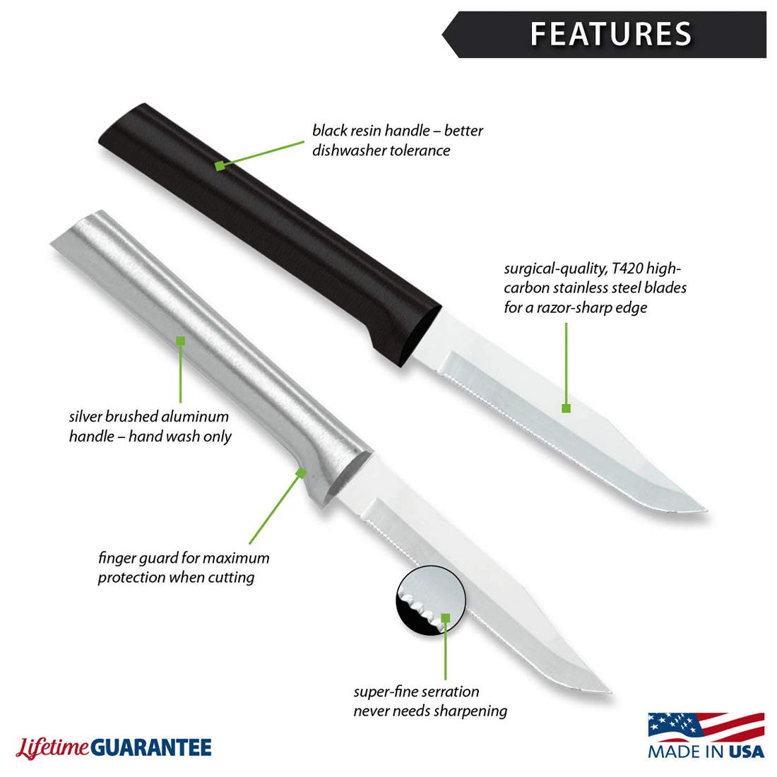 Rada Cutlery Serrated Regular Paring Knife - 2 Pack Stainless Steel Kitchen Knives with Silver Handle for Peeling, Slicing Fruits & Vegetables | Perfect for Home Cooking, Camping & Food Prep