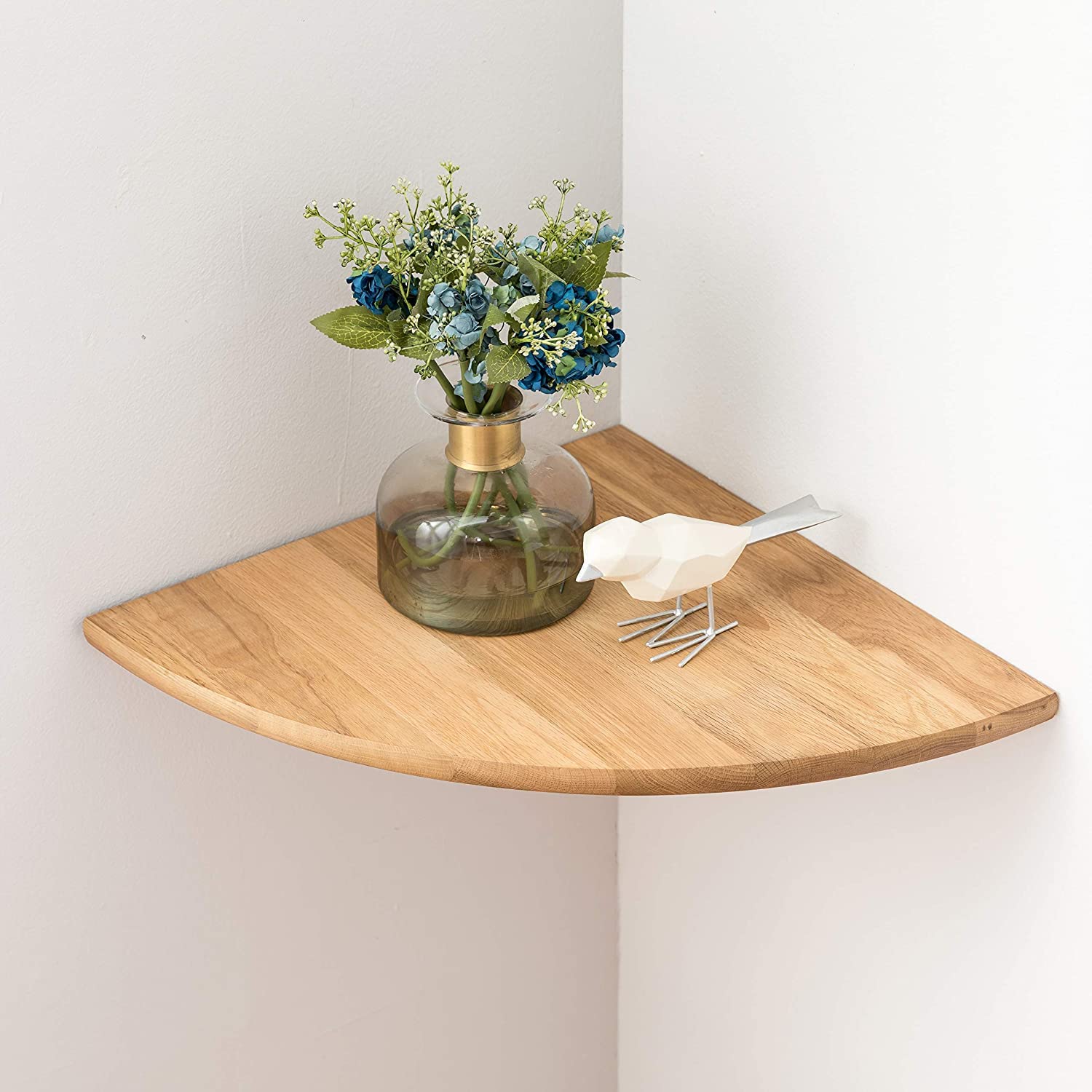 12 Inch Solid Oak Wood Floating Corner Shelves - Wall Mount Round End Shelf with Wire Hole for Small Plants, Photo Frames, and Speakers - Perfect for Bedroom, Kitchen, and Living Room Decor