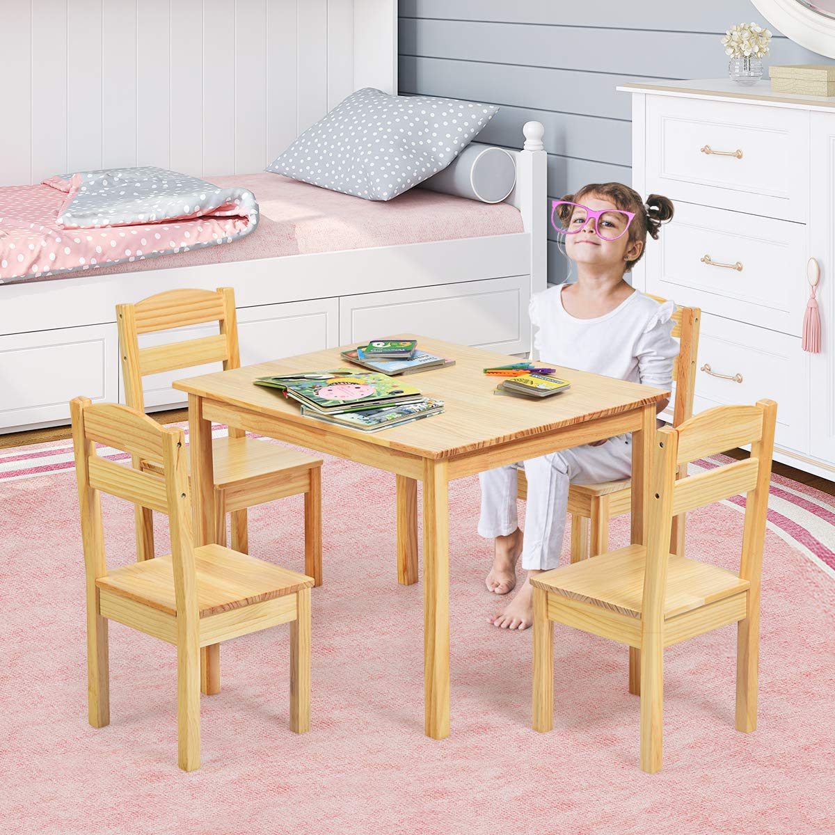 Costzon 5-Piece Kids Wooden Table and Chair Set - Natural Wood Activity Table & Chairs for Toddlers, Preschoolers | Perfect for Arts & Crafts, Homework, Snack Time | Durable Children's Furniture Set for Home, Classroom, Daycare - Ideal Gift for Boys & Girls