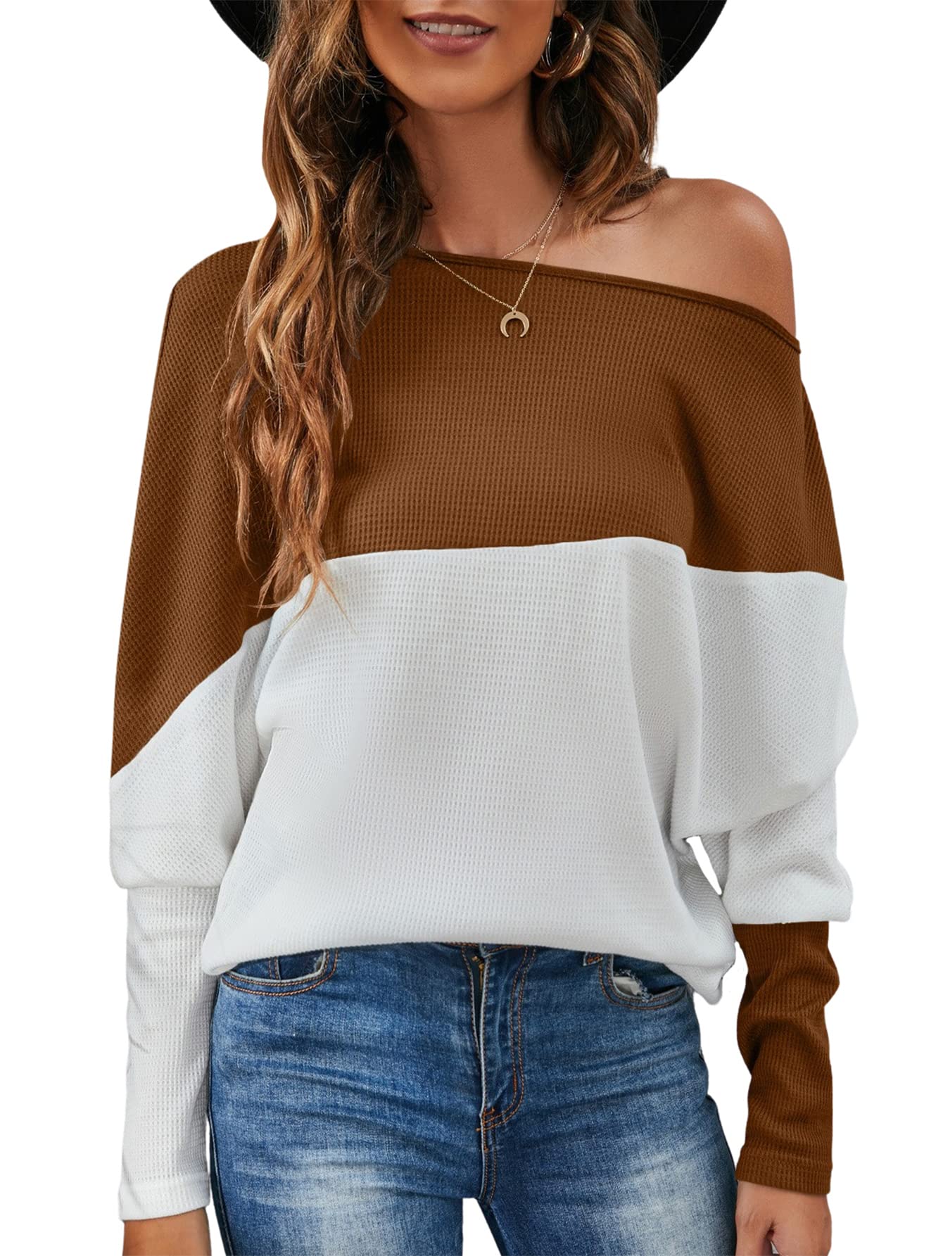 Romwe Women's Colorblock Off Shoulder Long Sleeve Waffle Knit Sweater Top - Casual Fall Winter Fashion Tee for Date Night & Coffee Outings