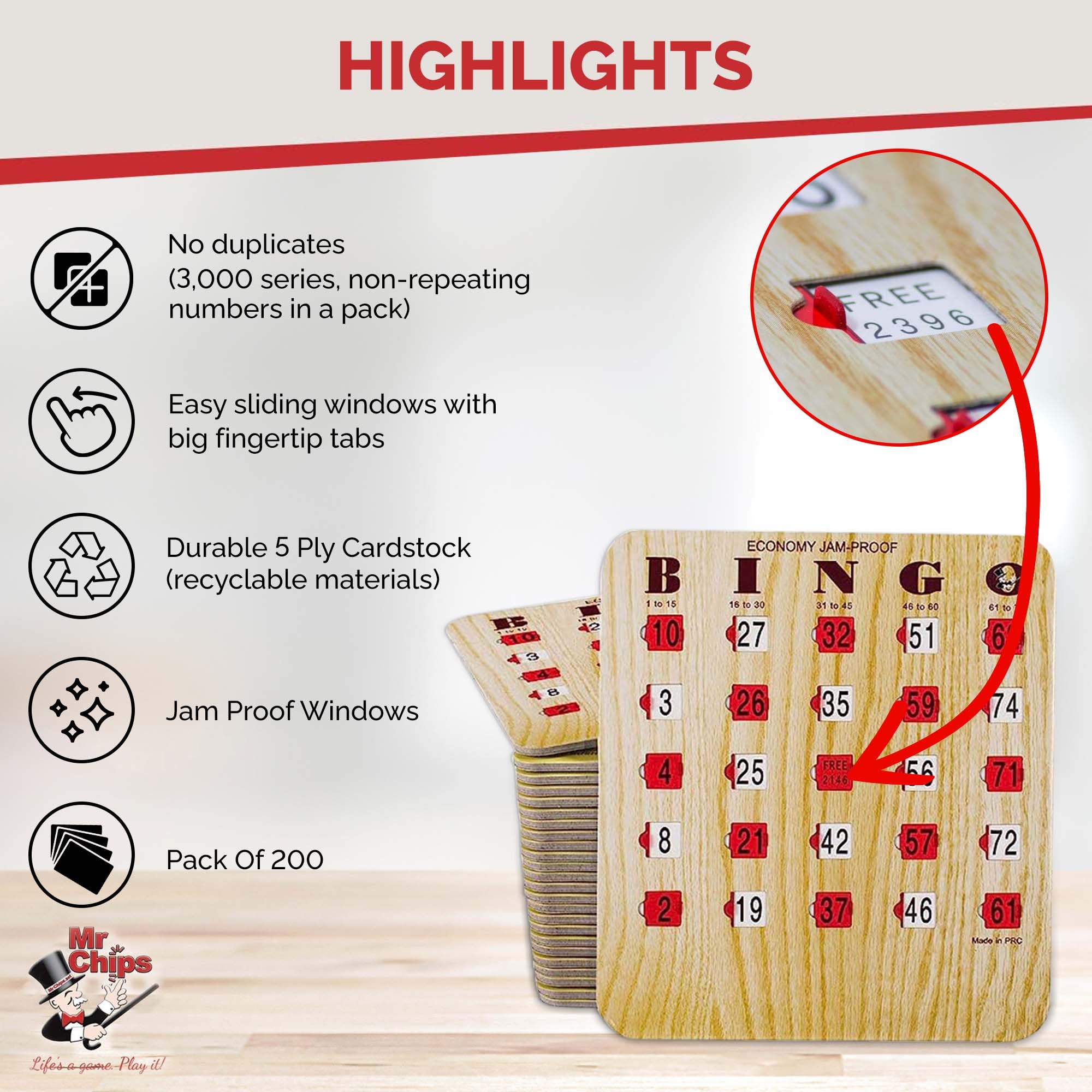MR CHIPS Jam-Proof Fingertip Slide Bingo Cards with Sliding Windows - 200 Pack in Tan Style for Bingo Games, Casino Nights & Family Game Nights