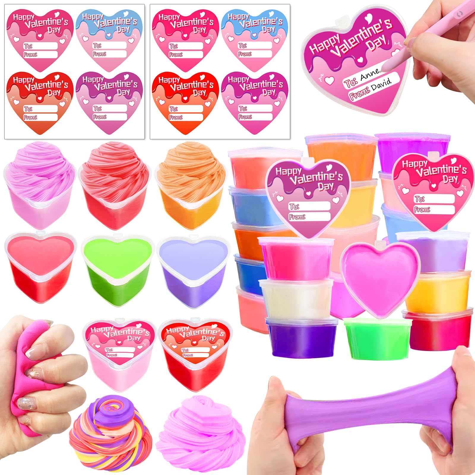 28 Pack Valentine's Butter Slime Filled Hearts with Cards - Non-Sticky Colorful Putty Stress Relief Toys for Kids, Boys & Girls - Perfect for Valentine's Day Gifts, Classroom Exchange & Party Favors (Great for Sensory Play, Stress Relief & Fun Party Activities)