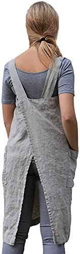 Premium Cotton Linen Cross Back Apron for Women - Adjustable Pinafore Dress with Pockets - Ideal for Baking, Cooking, BBQ & Kitchen Activities