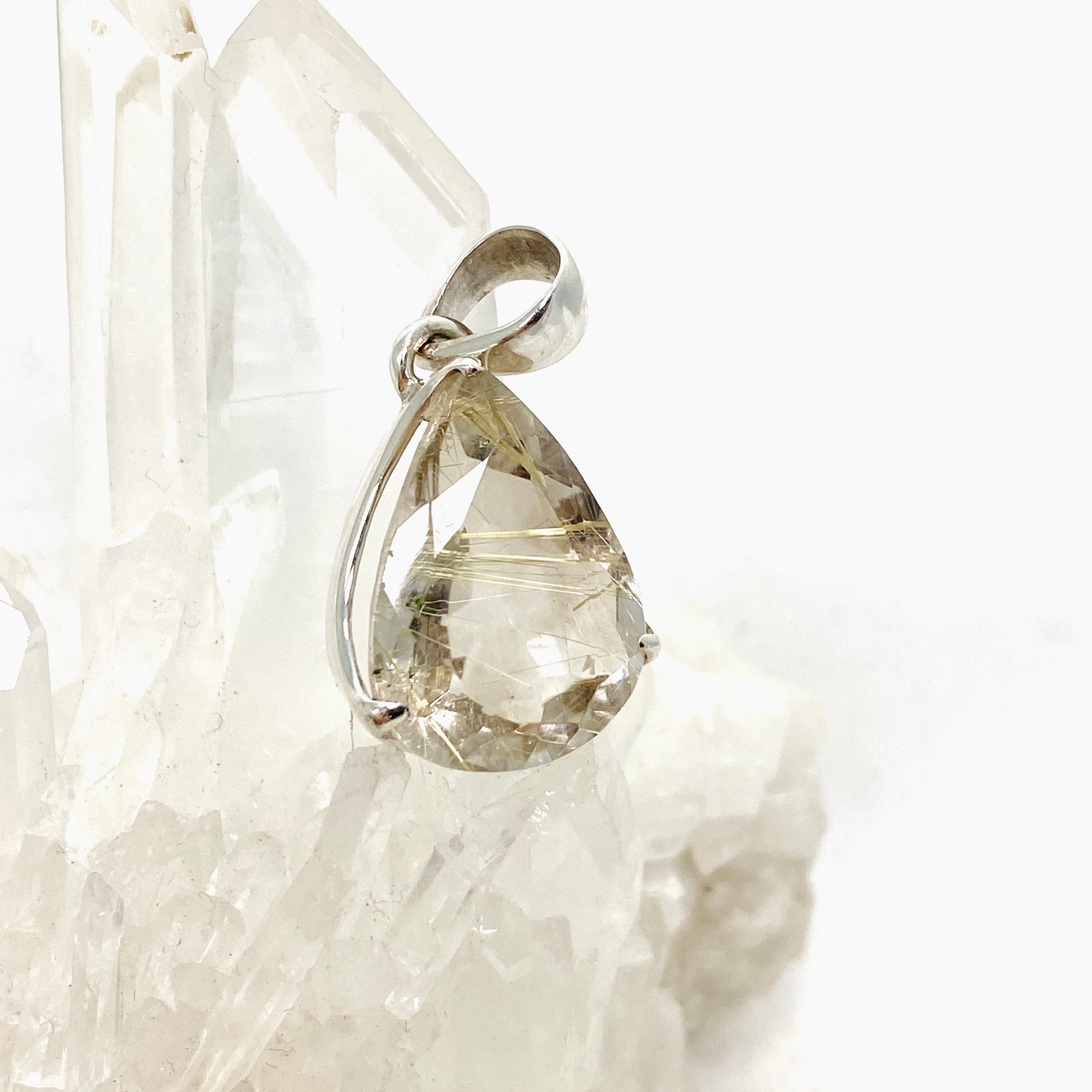 Rutilated Quartz Teardrop Faceted Pendant Necklace PPGJ841 - Elegant Crystal Jewelry for Women, Perfect for Gifts & Special Occasions
