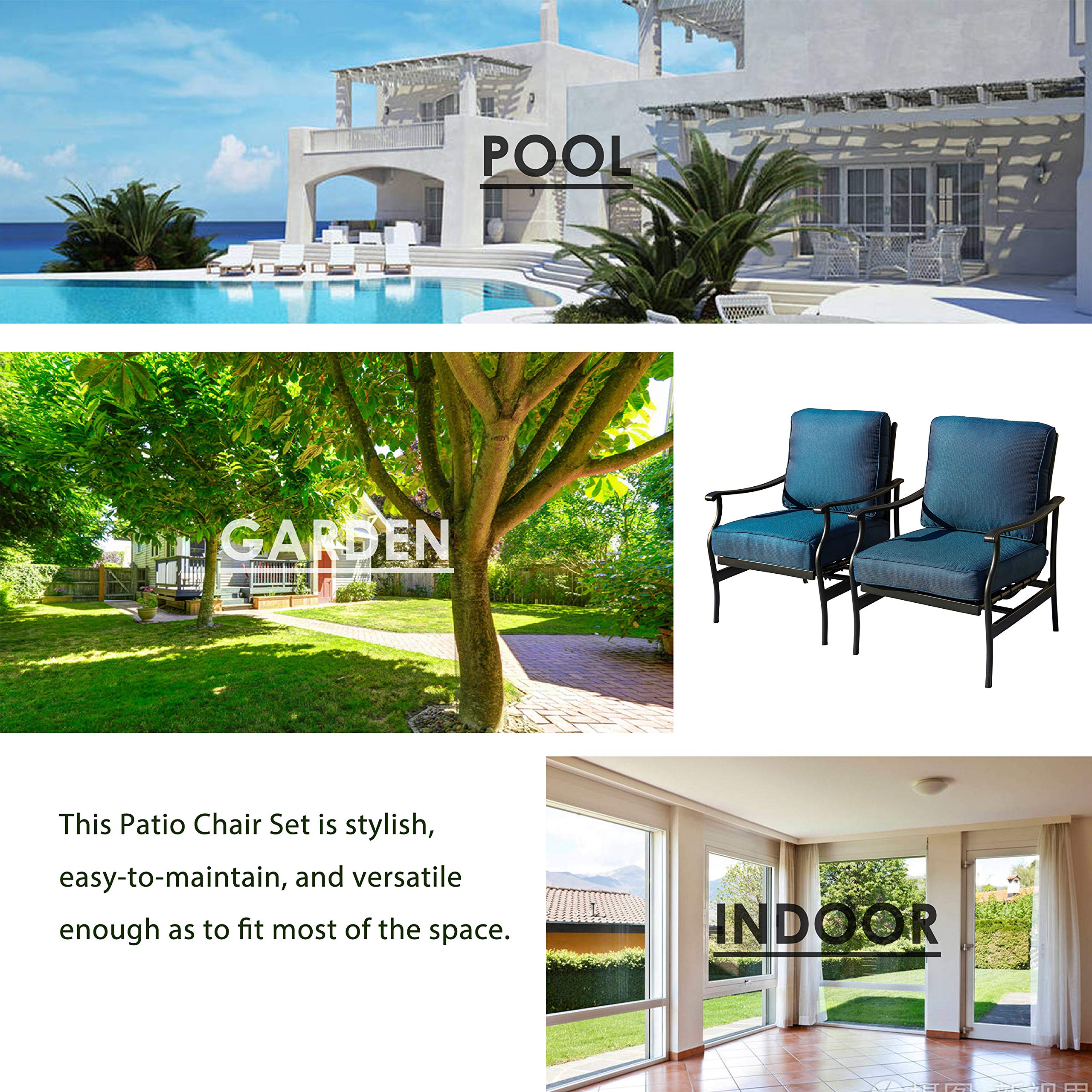 LOKATSE HOME 2-Piece Outdoor Patio Bistro Set - Wrought Iron Dining Chairs with Blue Cushions for Garden, Balcony & Backyard Relaxation