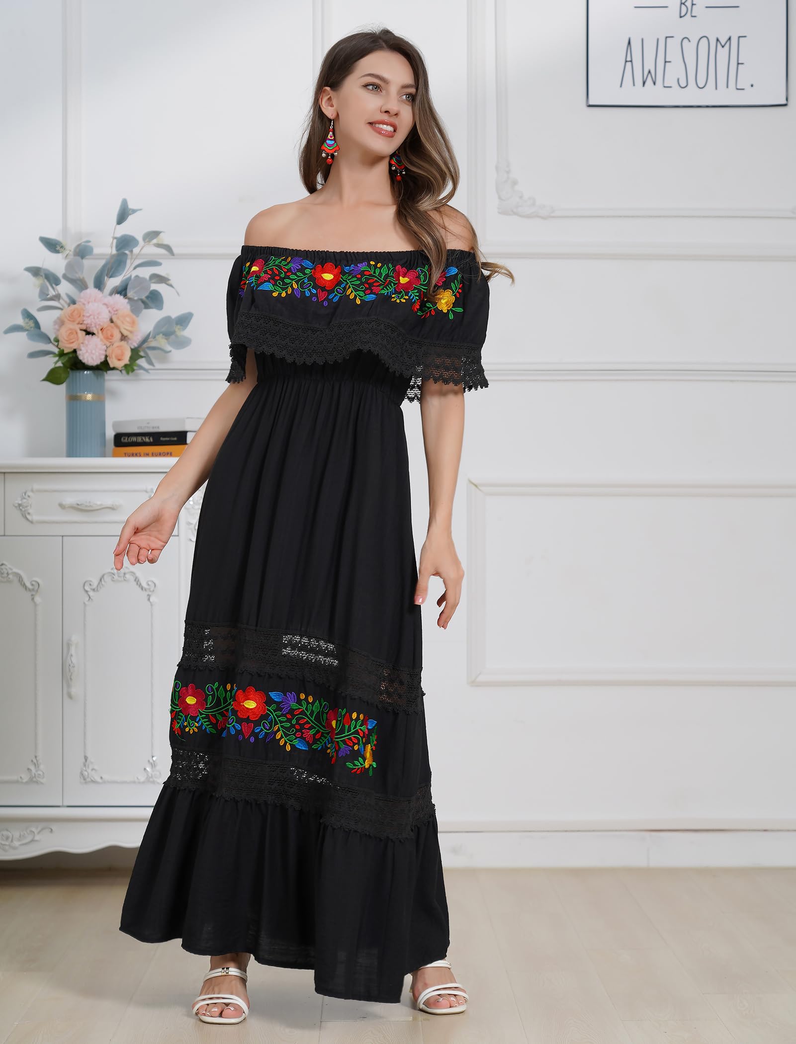 Mexican Floral Embroidered Off-Shoulder Long Maxi Dress for Women - Summer Boho Beach Dress, Casual Party Wear & Vacation Outfit