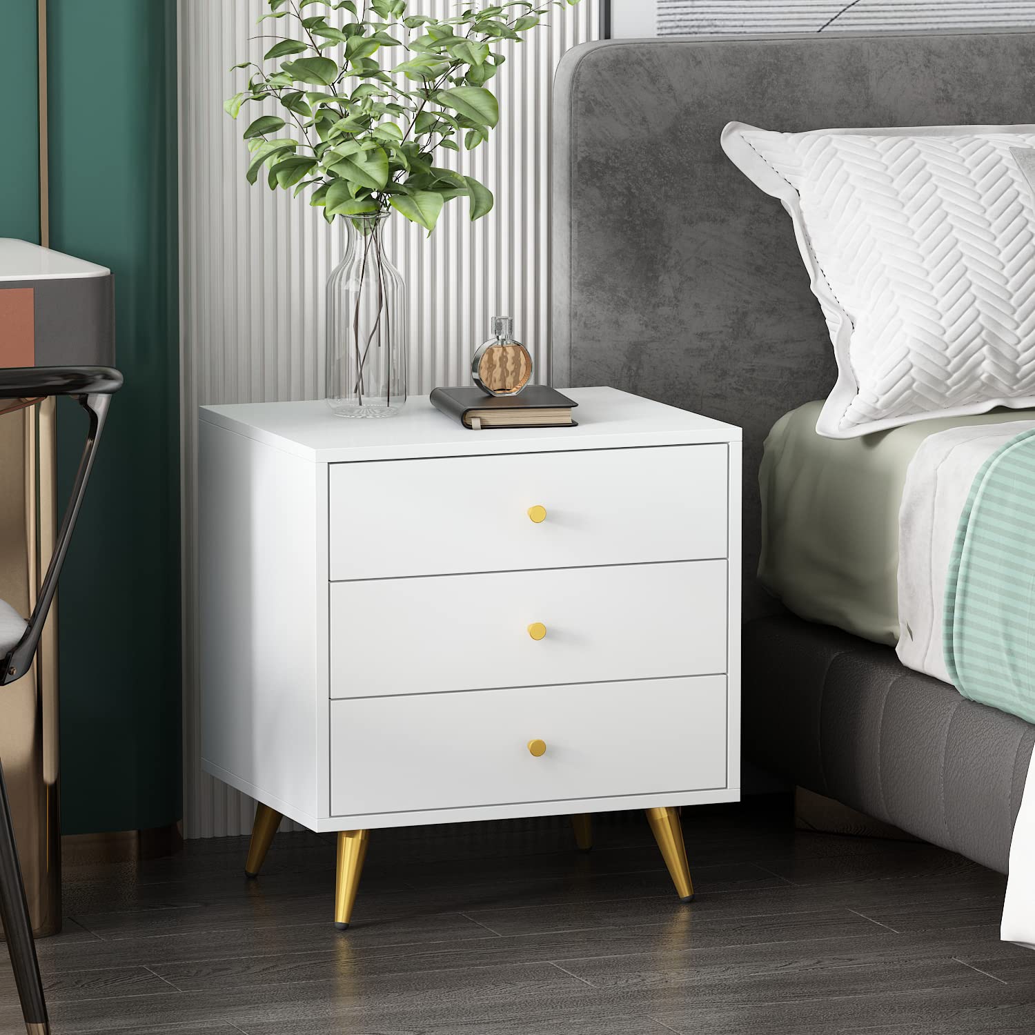 Modern White Nightstand Set of 2 with 3 Drawers - Sturdy Metal Legs Bedside Table for Bedroom & Living Room - 19.7”L x 15.7”W x 21.3”H - Perfect for Storage, Reading Nook & Small Space Decor