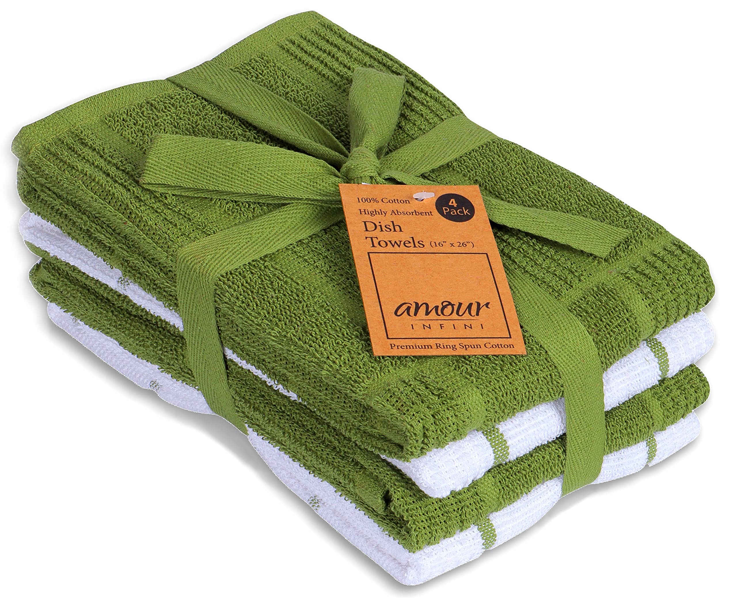 **AMOUR INFINI 4-Pack Premium Absorbent Kitchen Towels - Quick Drying Terry Cotton Dish Towels with Hanging Loop (16x28 Inch) - Perfect for Hand Drying, Dishes & Tea Time (Green)**    *Ideal for Kitchen, Dining, and Everyday Cleaning Tasks*