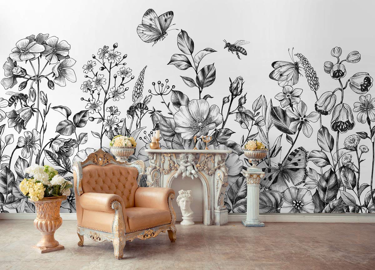 Murwall Black and White Floral Wallpaper - Elegant Charcoal Flower Wall Mural for Living Room, Bedroom & Cafe Decor | Peel and Stick Wallpaper for Home & Commercial Spaces