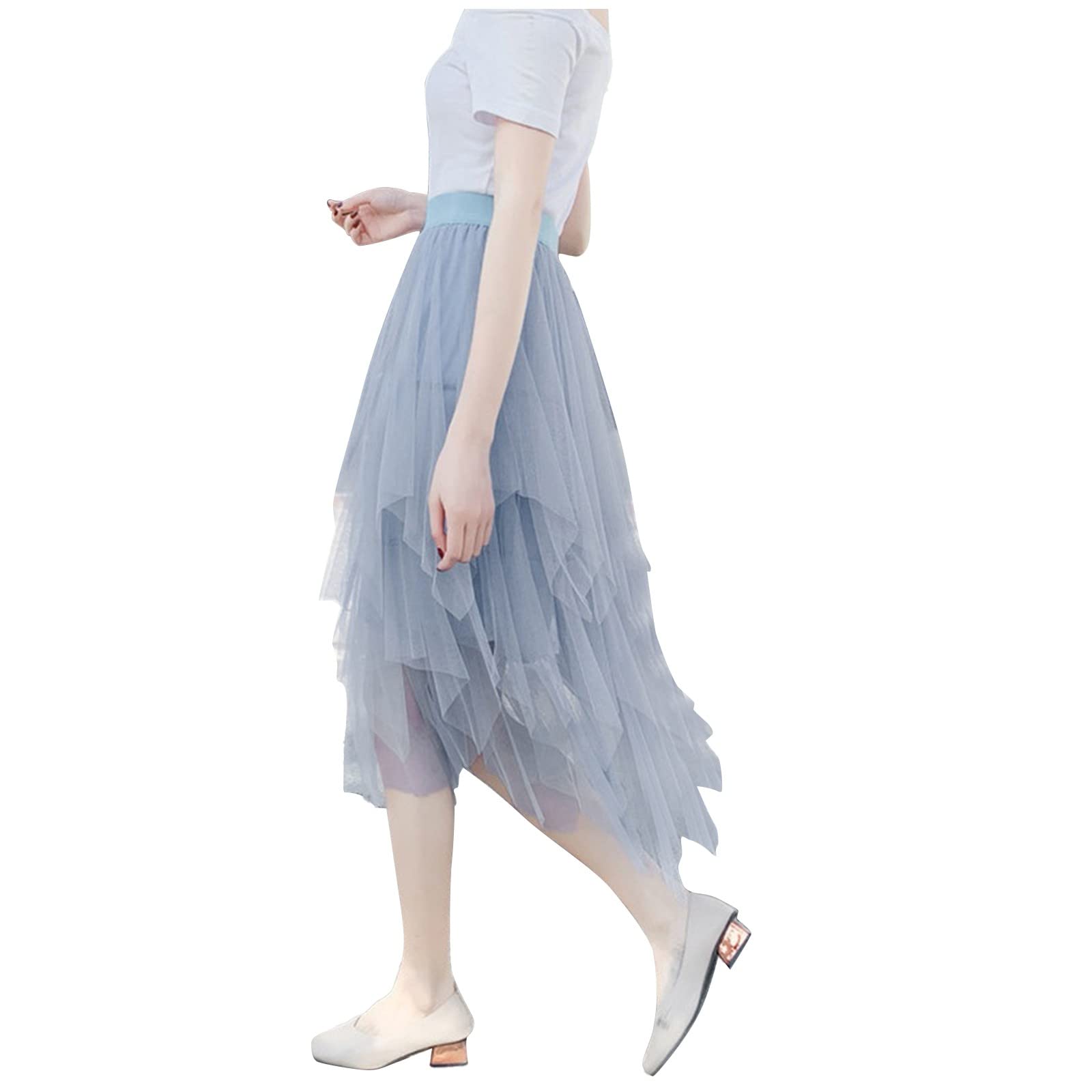 Qvkarw Women's Casual Solid Color High-Low Tutu Mesh Dress with Elastic Waist - Plus Size Long Dress for Parties, Weddings & Special Occasions