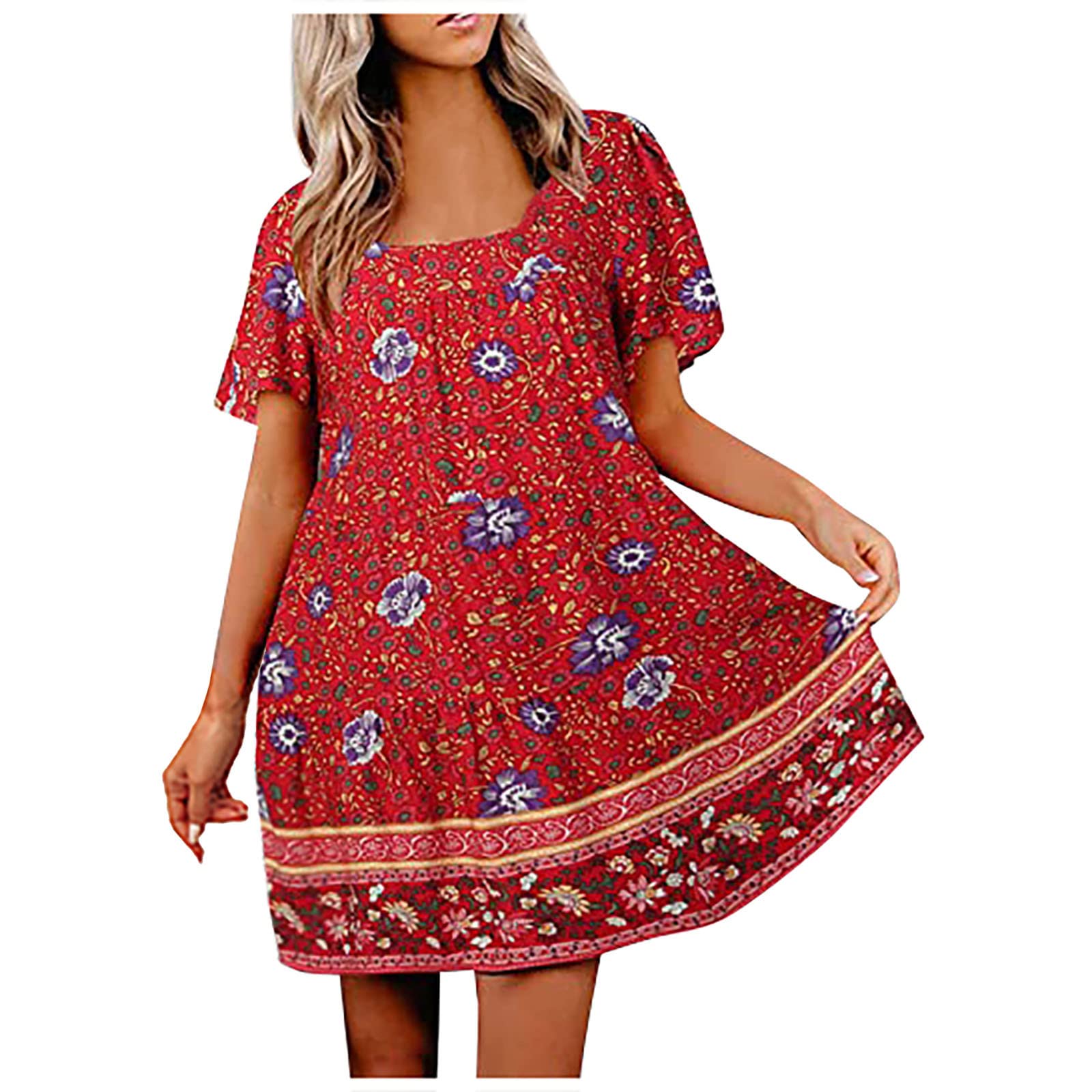 SERYU Women's Vintage Floral Print Square Neck Midi Dress - Short Sleeve Summer Ruffle Dress for Casual Outings, Beach Vacations & Date Nights