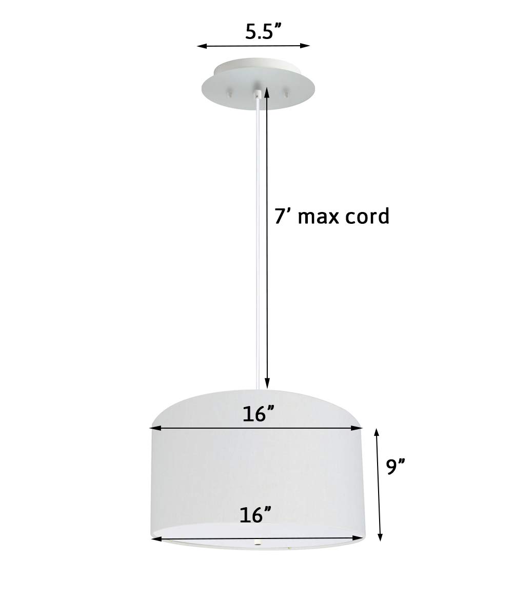 HomeConcept 16 Inch Wide 2-Light Pendant Lighting Fixture with White Linen Drum Shade & Diffuser - White Cord for Kitchen Island, Dining Room or Bedroom Lighting