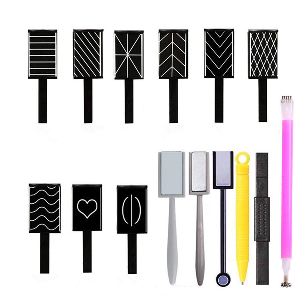 15Pcs Magnetic Nail Art Kit - Magnet Stick, Pen & Plates for 3D Cat Eye Gel Polish | DIY Manicure Tools for Home & Salon Use