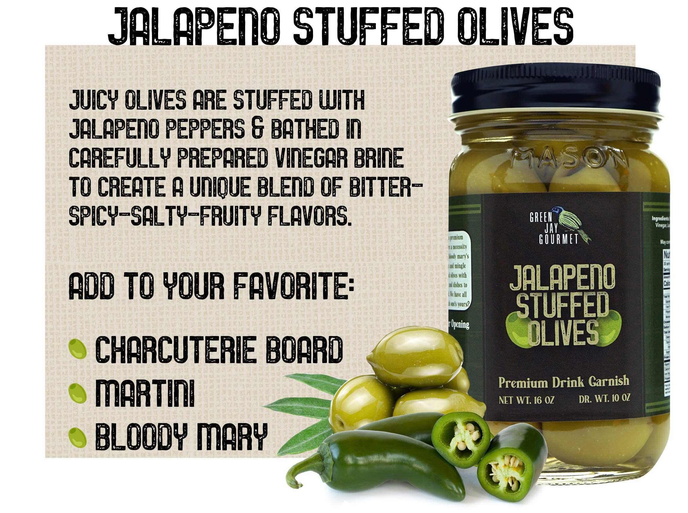**Premium Green Jay Gourmet Jalapeno Stuffed Olives – Large All-Natural Stuffed Green Olives for Cocktails, Cheese Boards & Dirty Martinis – 2 x 16 Oz Jars – Perfect for Party Snacks, Charcuterie & Gourmet Recipes**