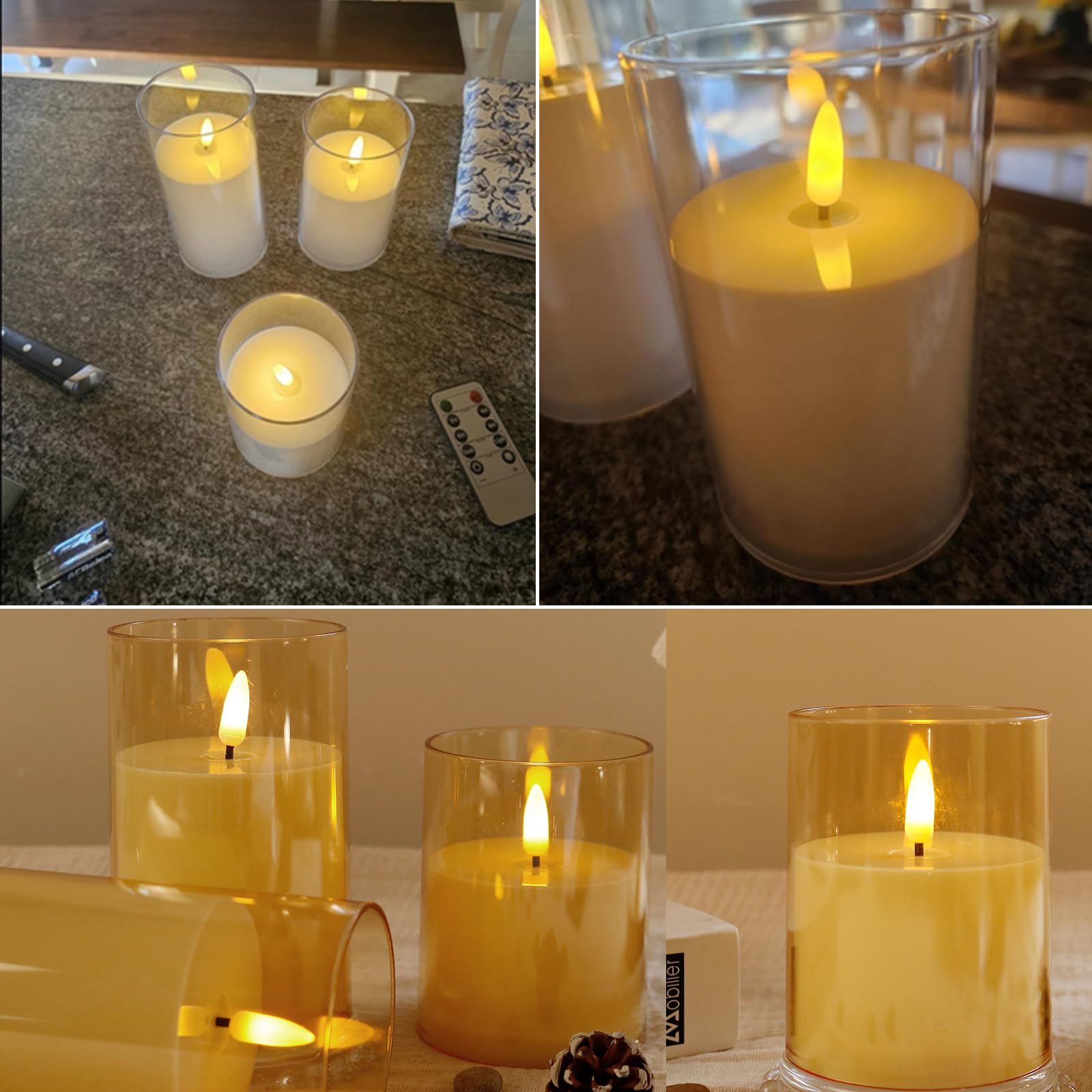 3 Pack Amber Flameless LED Candles - Battery Operated Clear Acrylic Pillar Candles with Remote & Timer for Wedding, Party, Birthday Decorations - Perfect for Home, Hotel, Restaurant & Romantic Ambiance