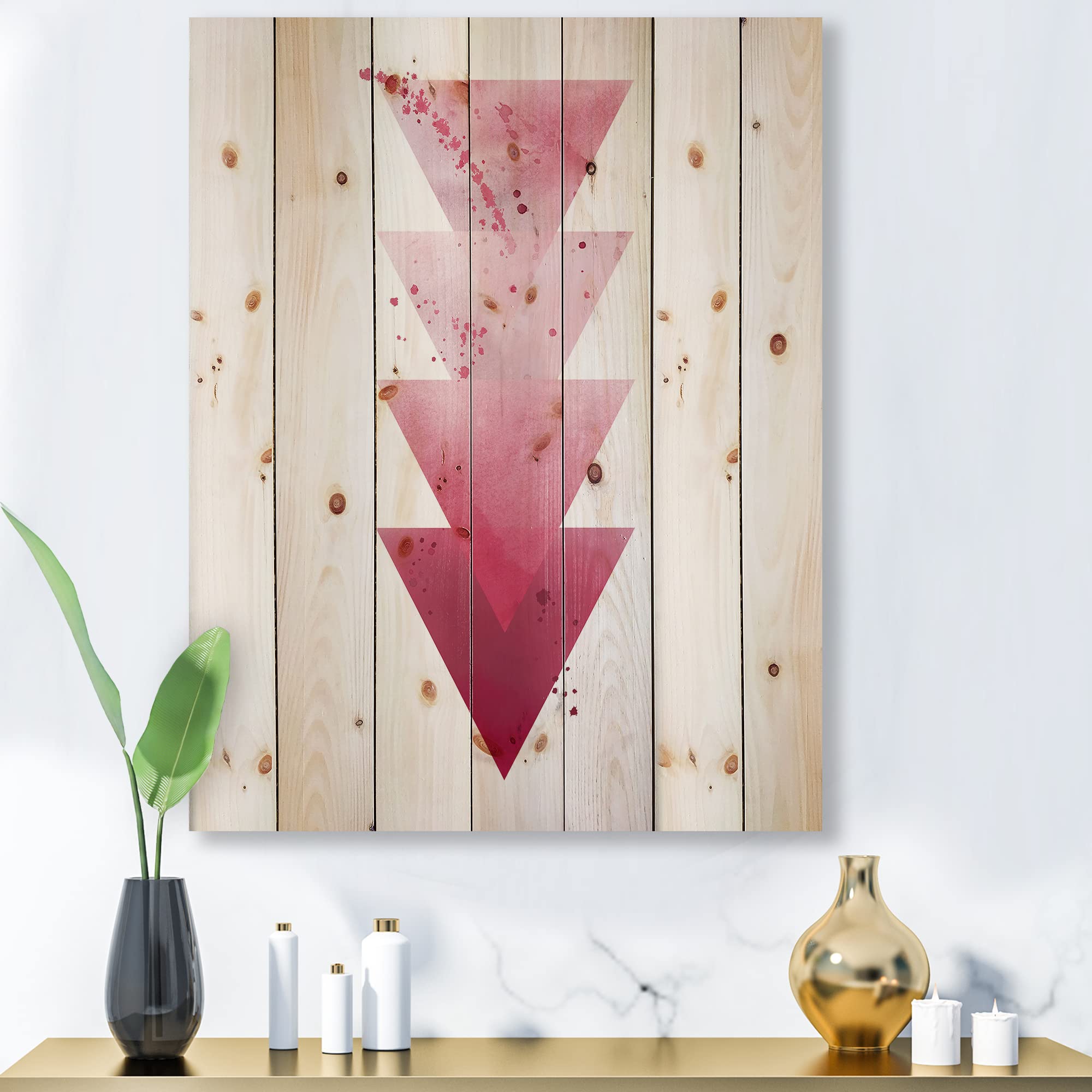 Abstract Geometric Red Triangle Wood Wall Art - Modern & Contemporary Pine Wood Decor - Large Printed Wood Panels for Living Room, Bedroom & Office