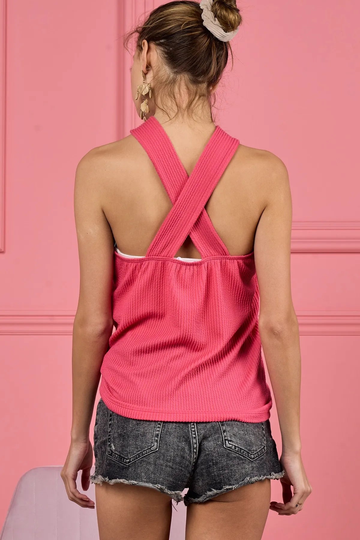 Sexy Lace Knit Cut Out Cross Neck Banded Top for Women - Perfect for Date Nights, Parties & Casual Outings
