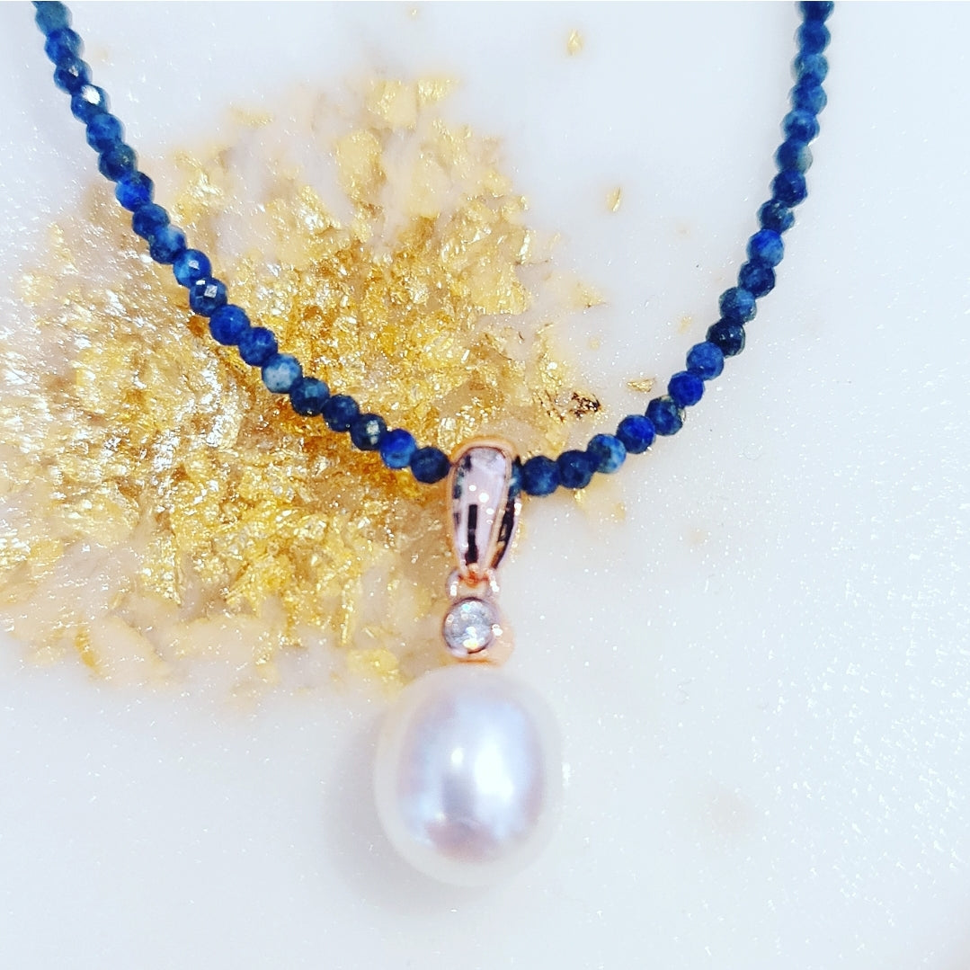 Lapis Lazuli and Freshwater Pearl Drop Pendant Necklace in Rose Gold - Elegant Jewelry for Women, Perfect for Weddings, Parties & Gifts