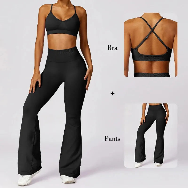 2 Pcs Women's Workout Set - Flared Yoga Pants & Long Sleeve Top - Quick Dry Gym Clothes for Women - Perfect for Yoga, Pilates & Fitness Training