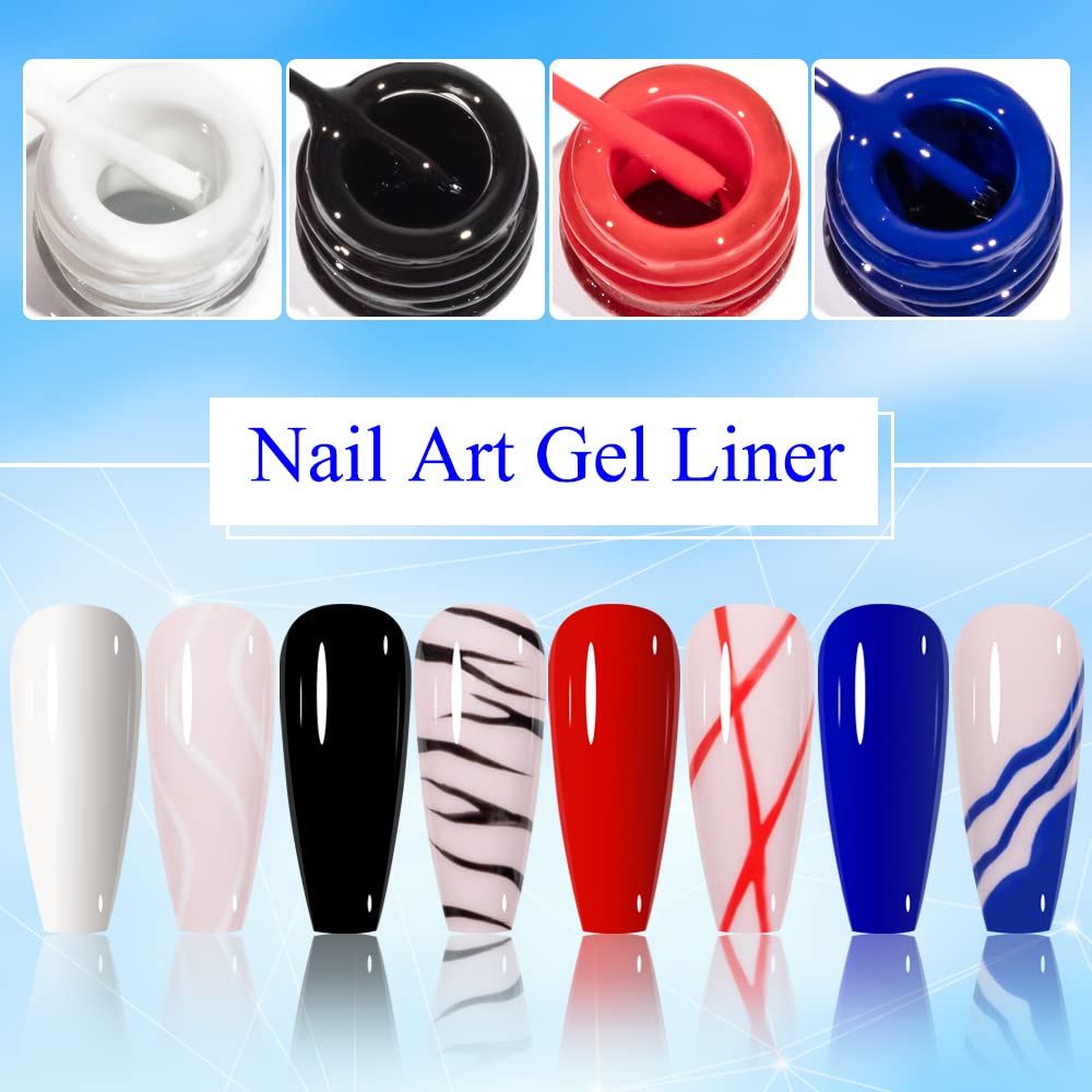 MIZHSE 7ml Gel Liner Nail Art Paint - Black, White, Blue, Red Spider Line Gel for French Manicure & Swirl Designs | Professional Nail Art Kit for Salon & Home Use
