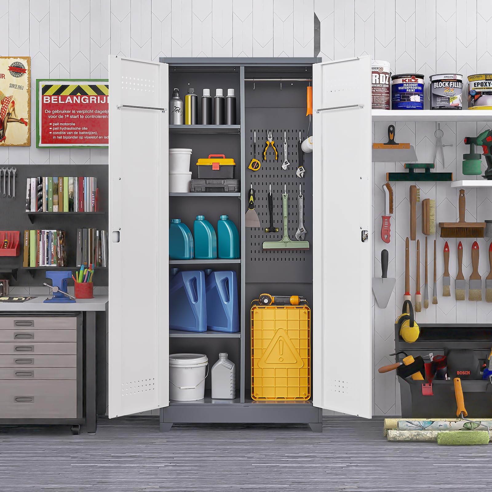 Broom Storage Cabinet with Hanging Rod & S-Hooks - Cleaning Supplies Organizer for Office, Garage, Laundry Room - Space Saving Utility Closet for Mops, Brooms and Cleaning Tools
