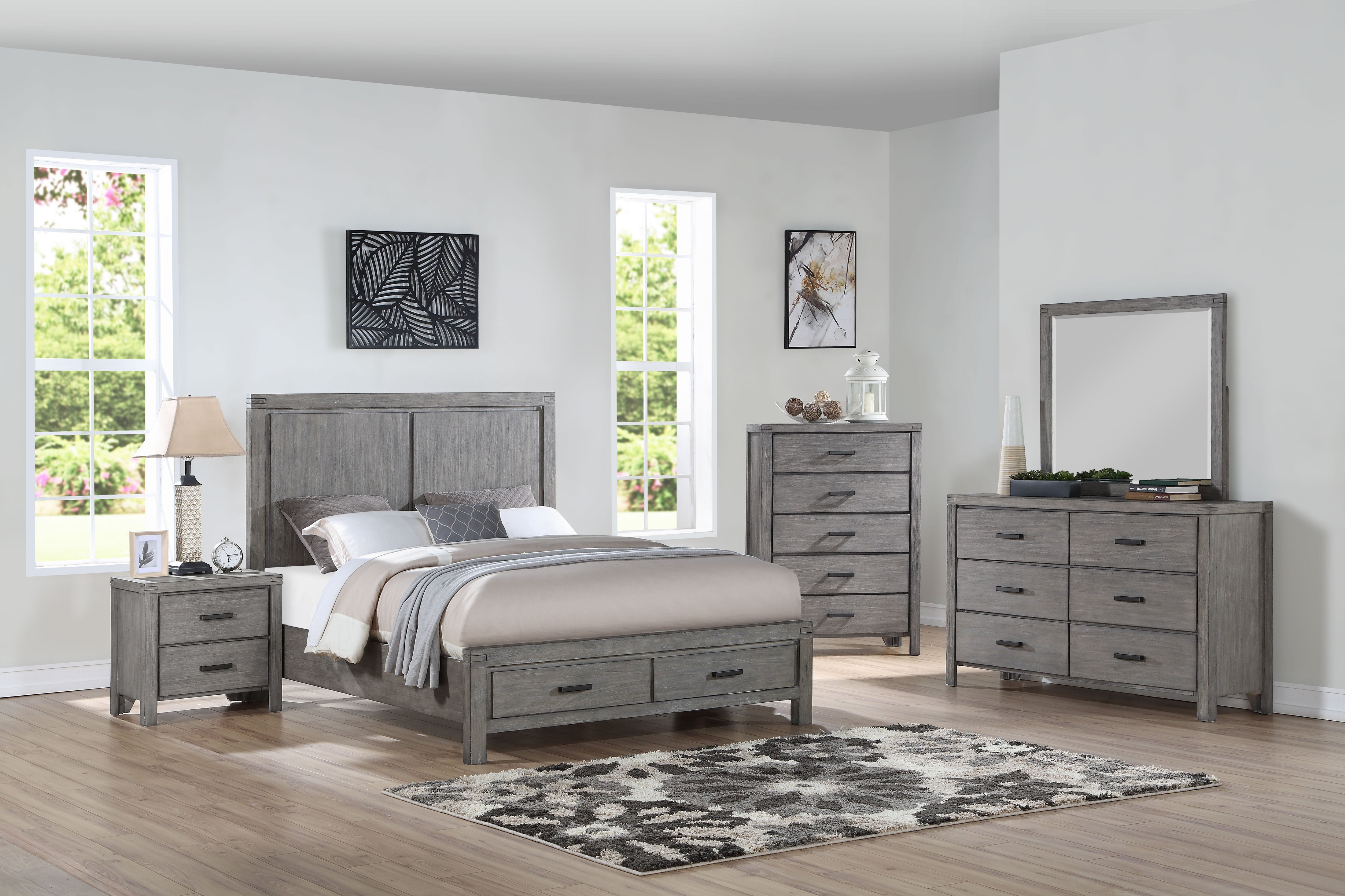 Copeland 6-Piece Queen Bedroom Set with Storage - Wire Brushed Grey Finish | Complete Bedroom Furniture Package for Master Bedroom or Guest Room