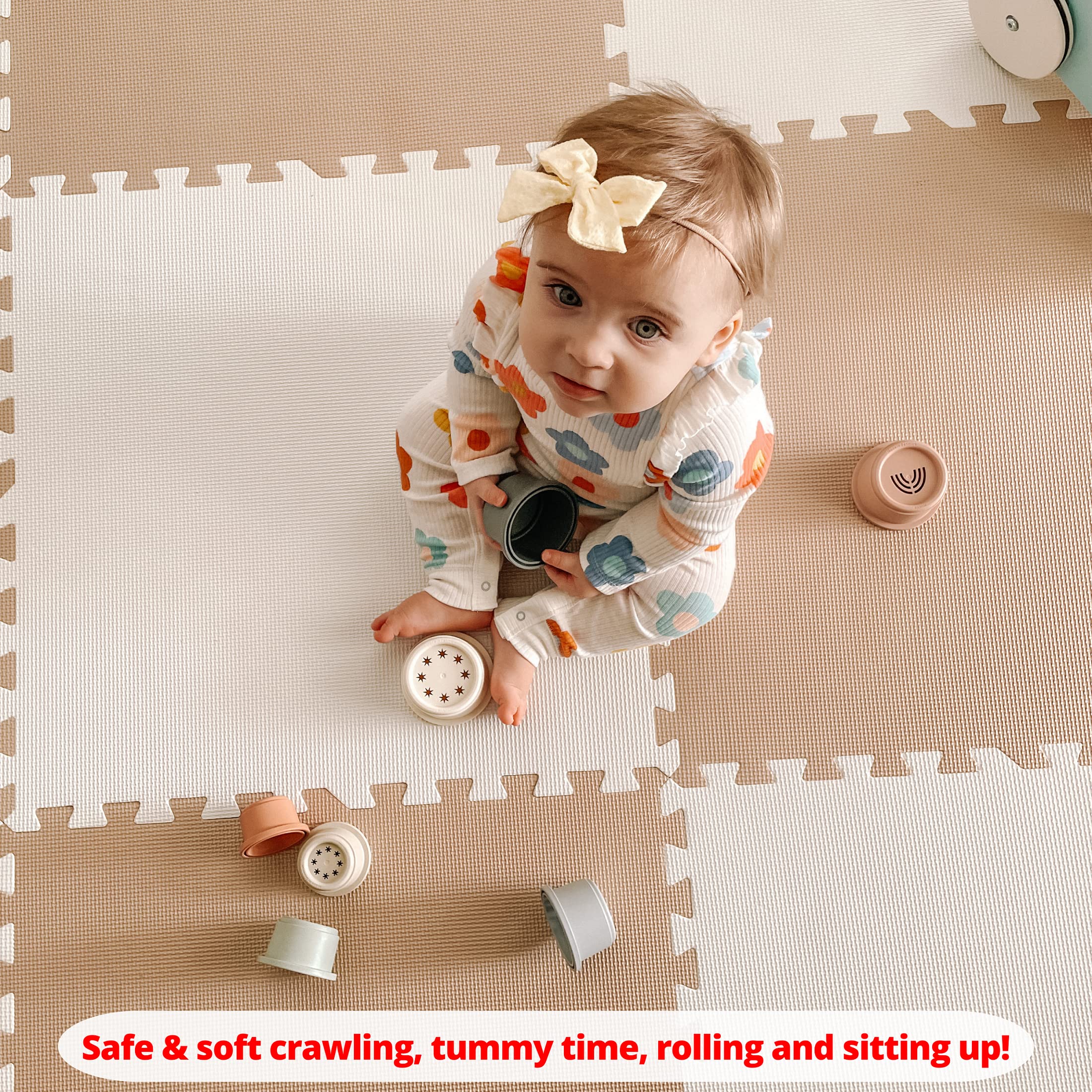 **Extra Large Baby Play Mat - 74x74 Inches Non-Toxic Foam Floor Tiles for Infants & Toddlers | Thick Interlocking Puzzle Playmat for Crawling, Tummy Time & Learning Activities (Beige/White) - Perfect for Nursery, Daycare & Playroom**