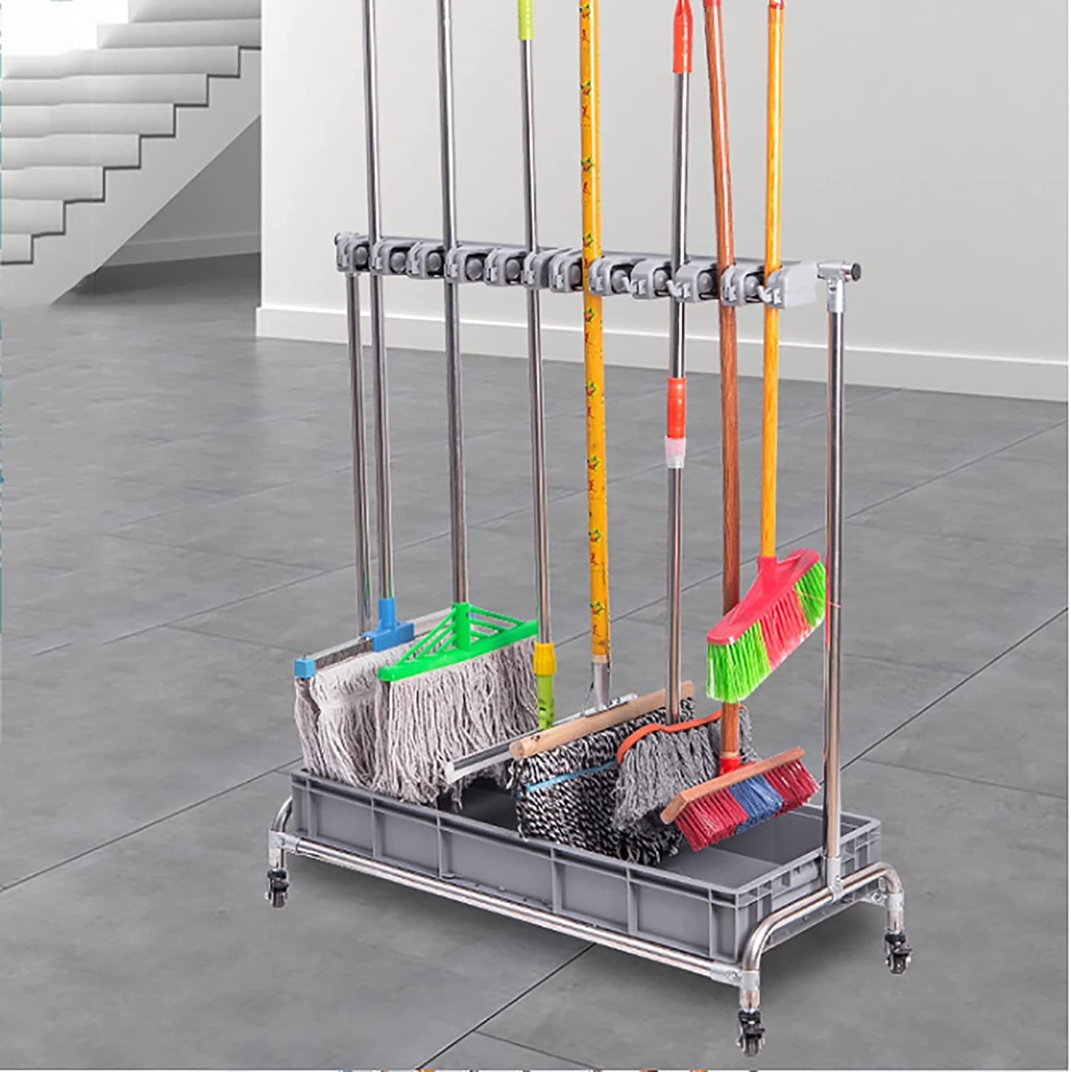 Navreeti Removable Closet Locker Mop Holder - Wall Mounted Broom and Mop Organizer for Garage, Bathroom, Kitchen - Heavy Duty Cleaning Tool Storage Rack for Wet Mops, Brooms, Dustpans - Perfect for Home, Hotel, School, Restaurant Organization